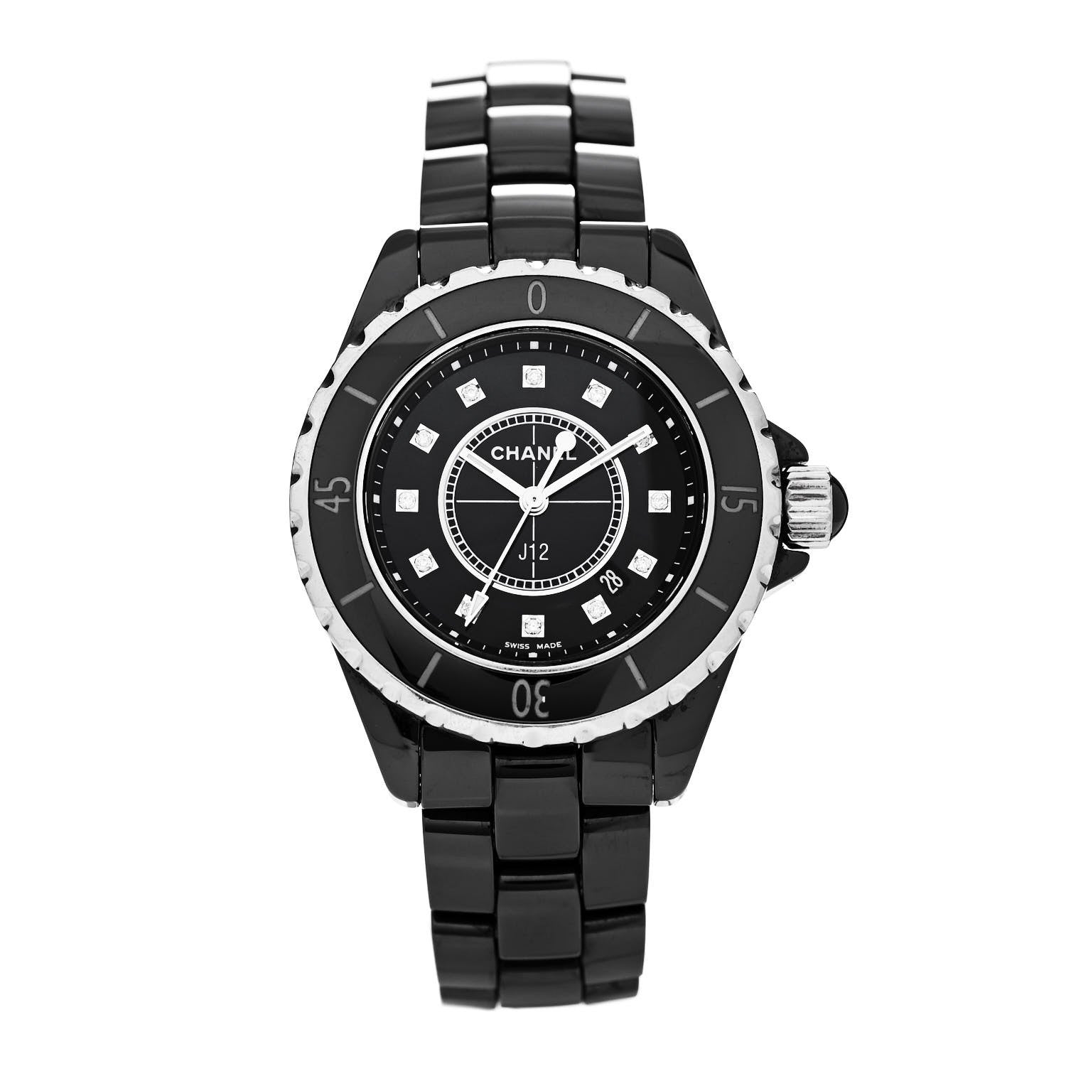 Chanel Stainless Steel Ceramic Diamond 33mm J12 Quartz Watch Black 1 of 4