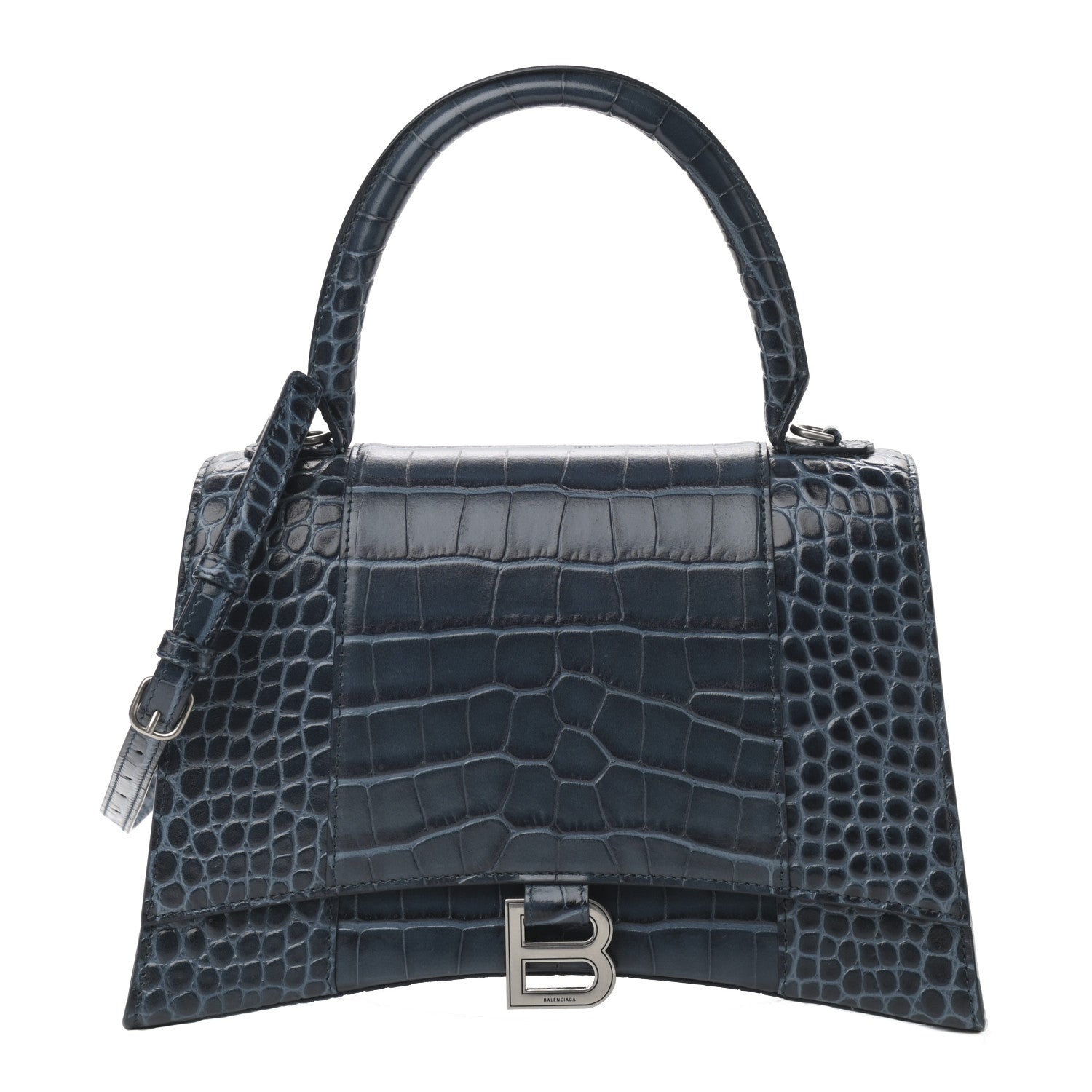 Balenciaga Shiny Calfskin Crocodile Embossed Medium Hourglass Top Handle Bag Denim Blue 1 of 11