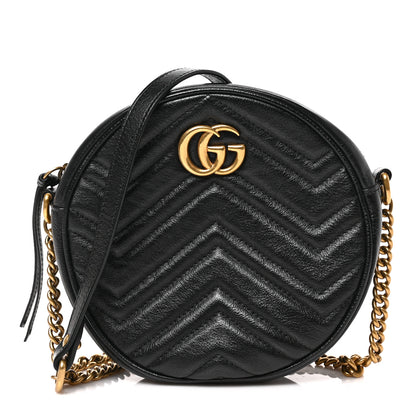 Gucci Azalea Calfskin Matelasse Heart Mini GG Marmont Round Shoulder Bag Black 1 of 9