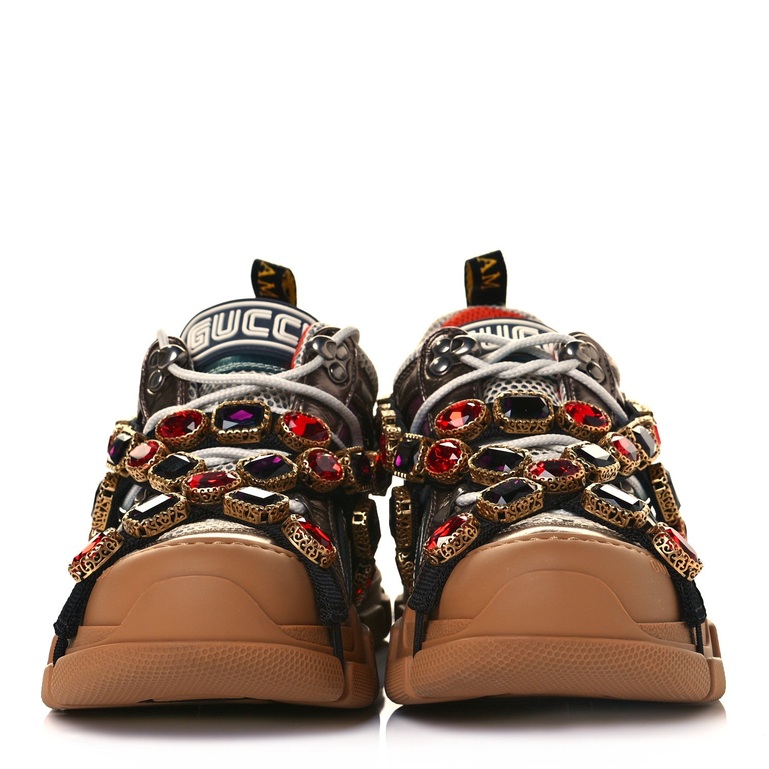 Gucci X SEGA Metallic Calfskin Mesh Removable Crystals Womens Flashtrek Sneakers 37 Rame Mystic White Lago 2 of 7