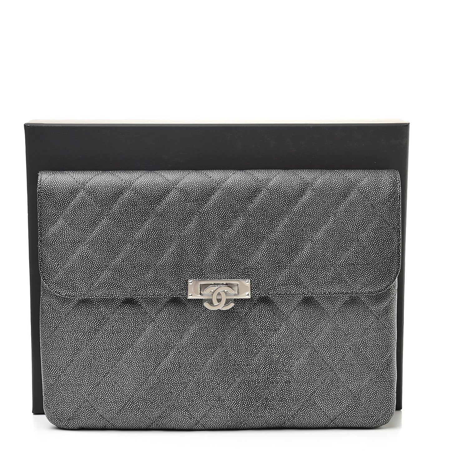 Metallic Caviar Quilted Medium Golden Class Pouch Silver