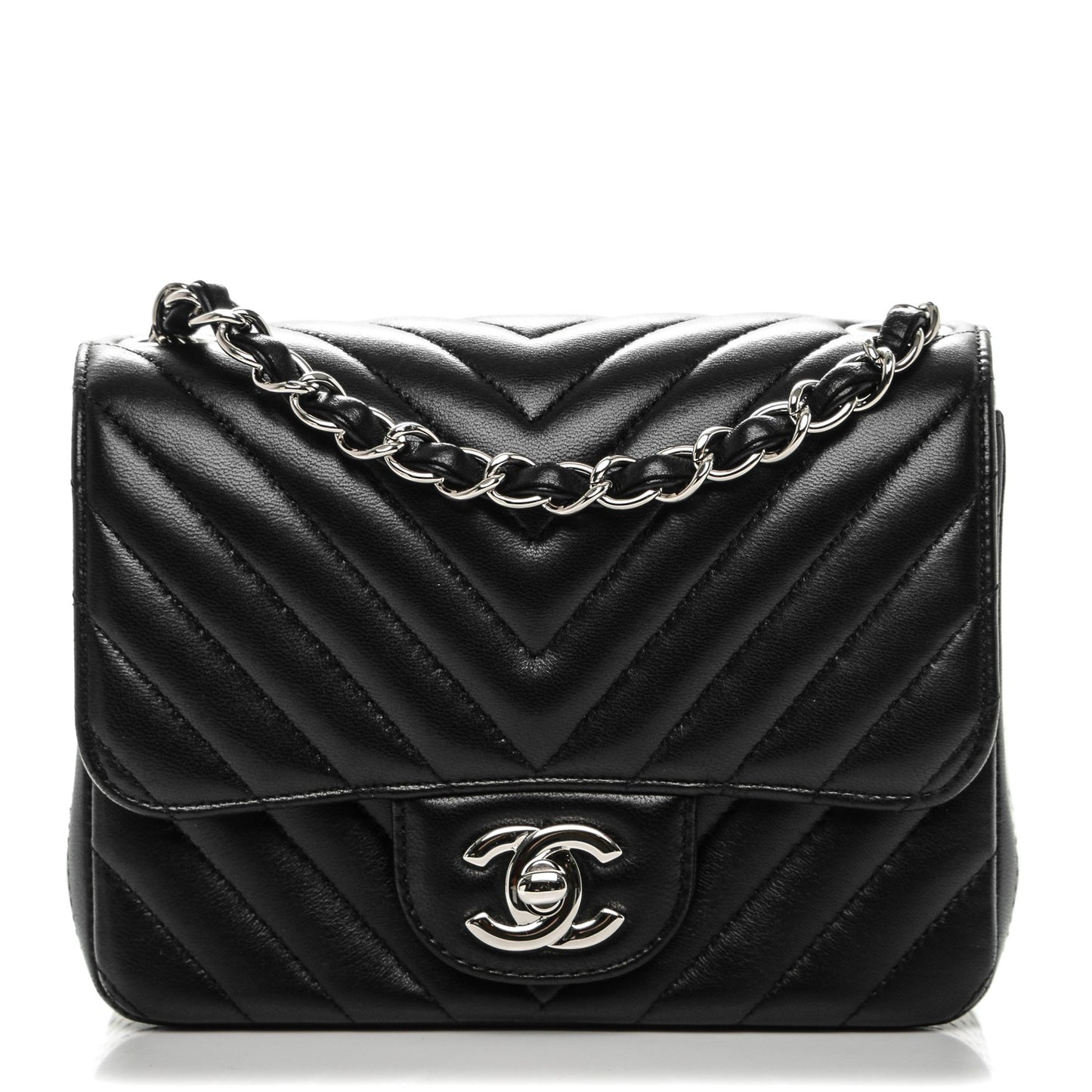 Lambskin Chevron Quilted Mini Square Flap Black