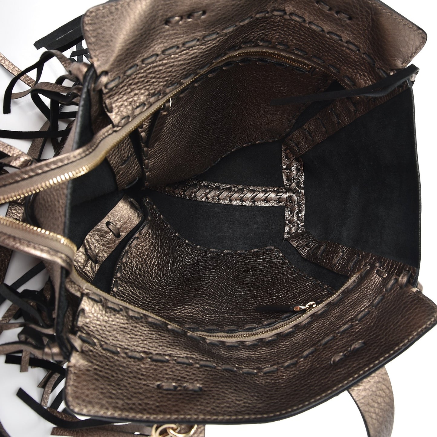 Metallic Grained Calfskin C-Rockee Fringe Tote Sasso
