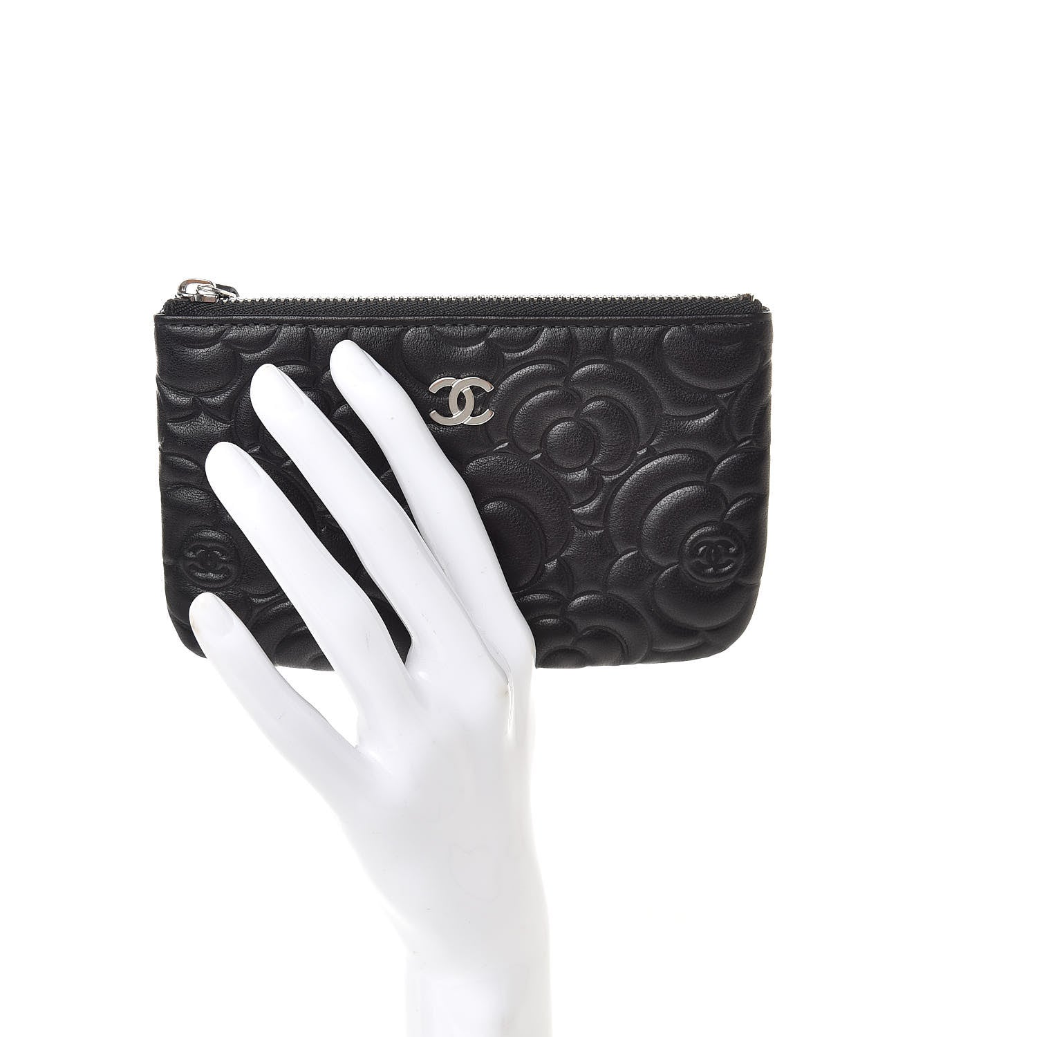 Chanel Goatskin Camellia Embossed Cosmetic Pouch Black 2 of 8