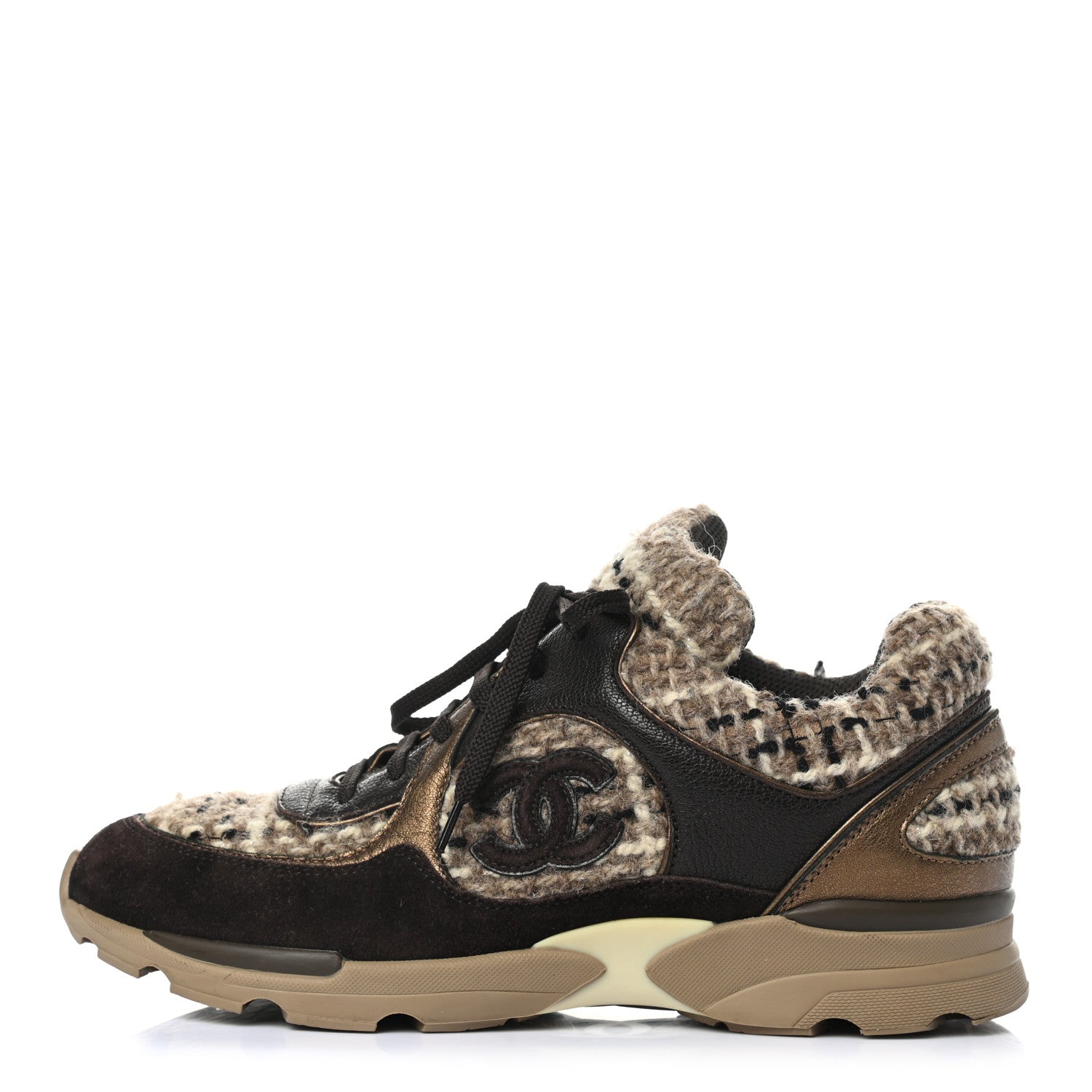 Chanel Suede Tweed Goatskin CC Sneakers 40 Brown 1 of 10