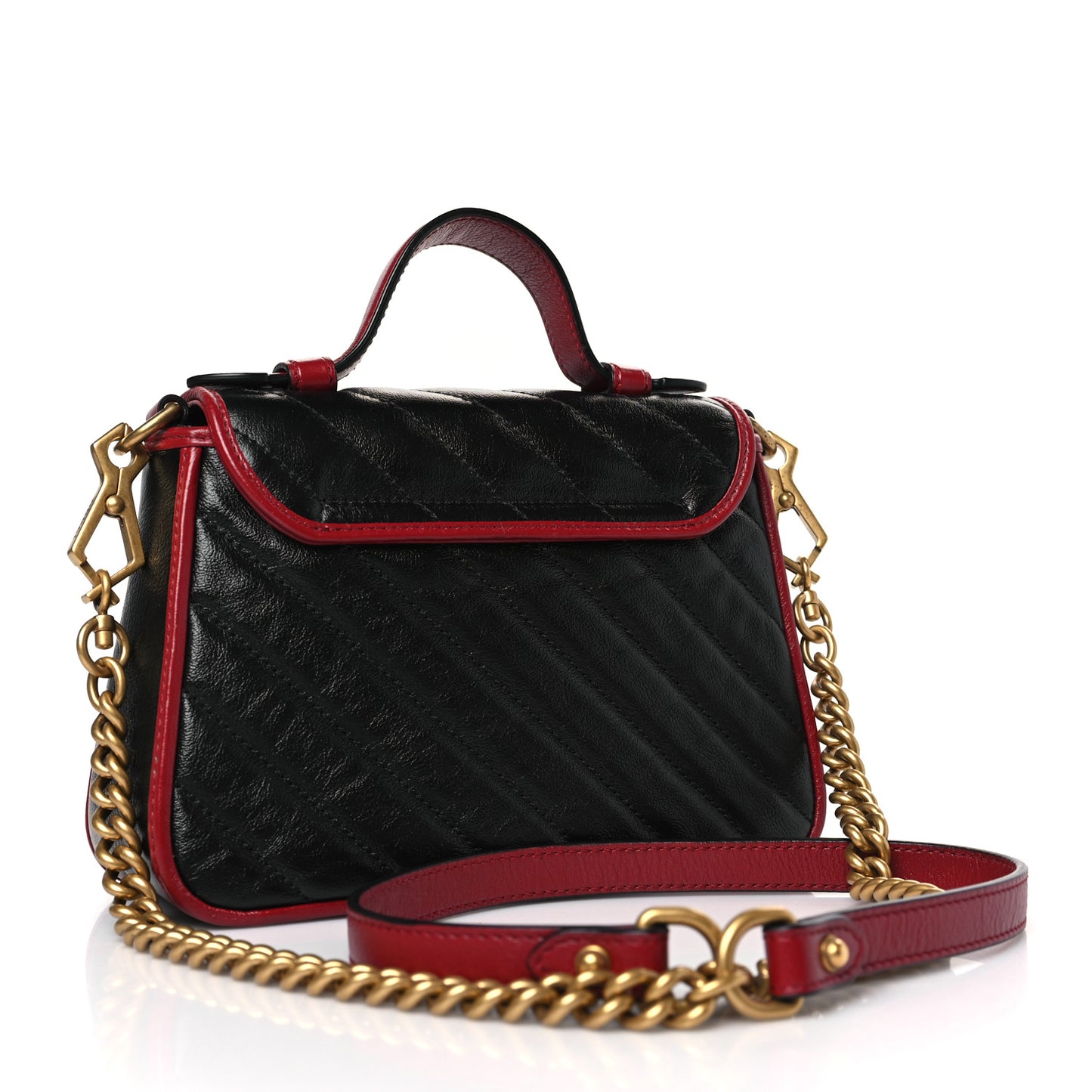 Vintage Effect Calfskin Matelasse Diagonal Mini Torchon GG Marmont Top Handle Shoulder Bag Black Romantic Cherry