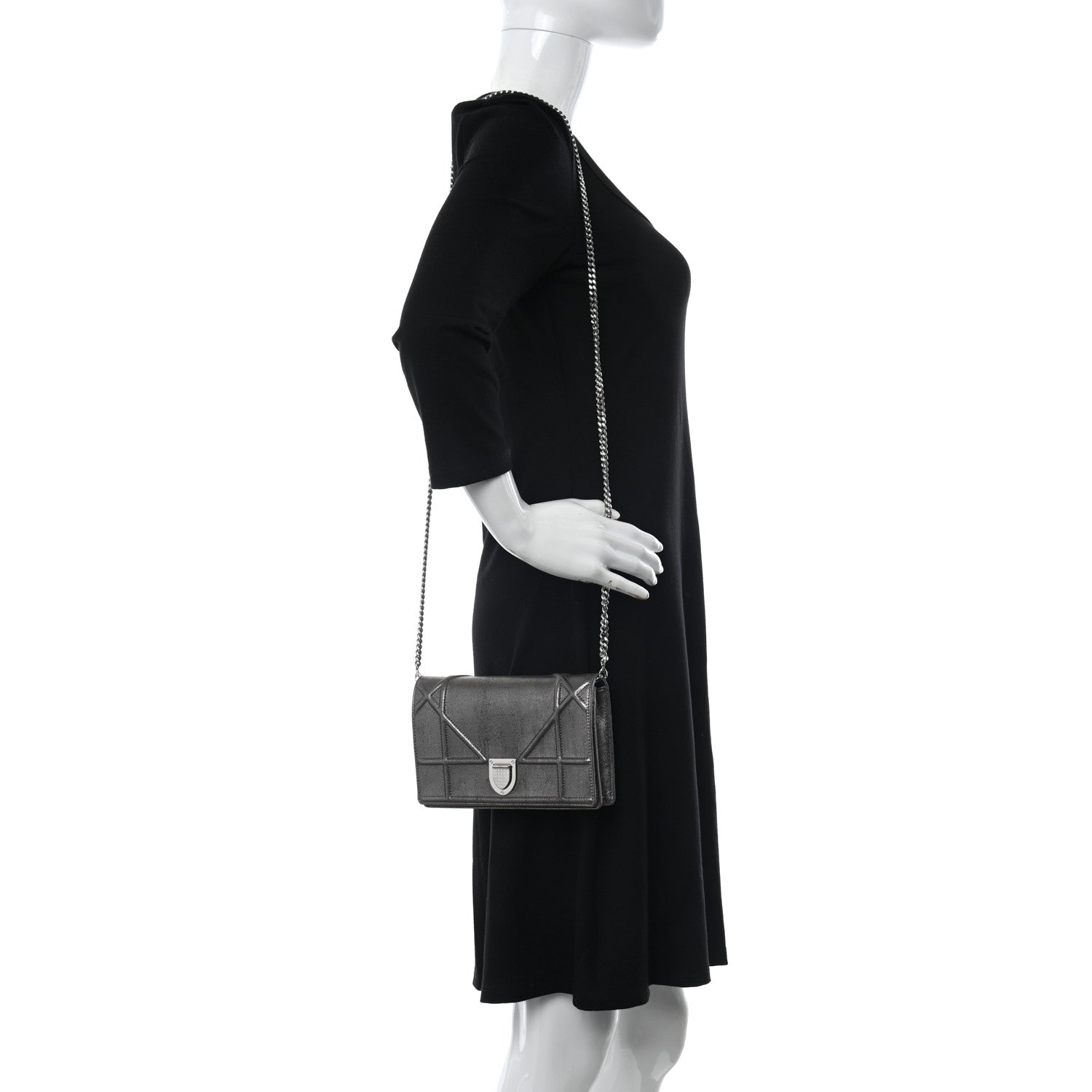 Christian Dior Metallic Brushed Calfskin Diorama Wallet on Chain Pouch Gunmetal 2 of 11