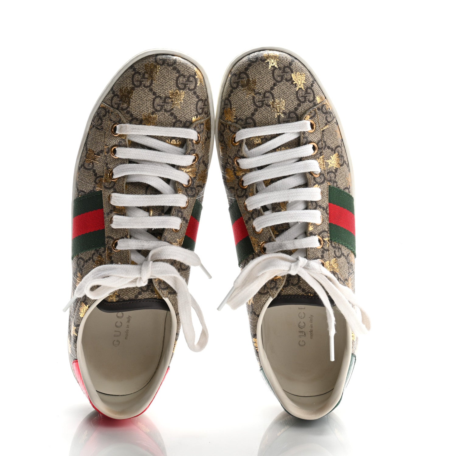 Gucci GG Supreme Monogram Bees Ayers Web Womens Ace Sneakers 37.5 Beige Oro Green Red 2 of 10