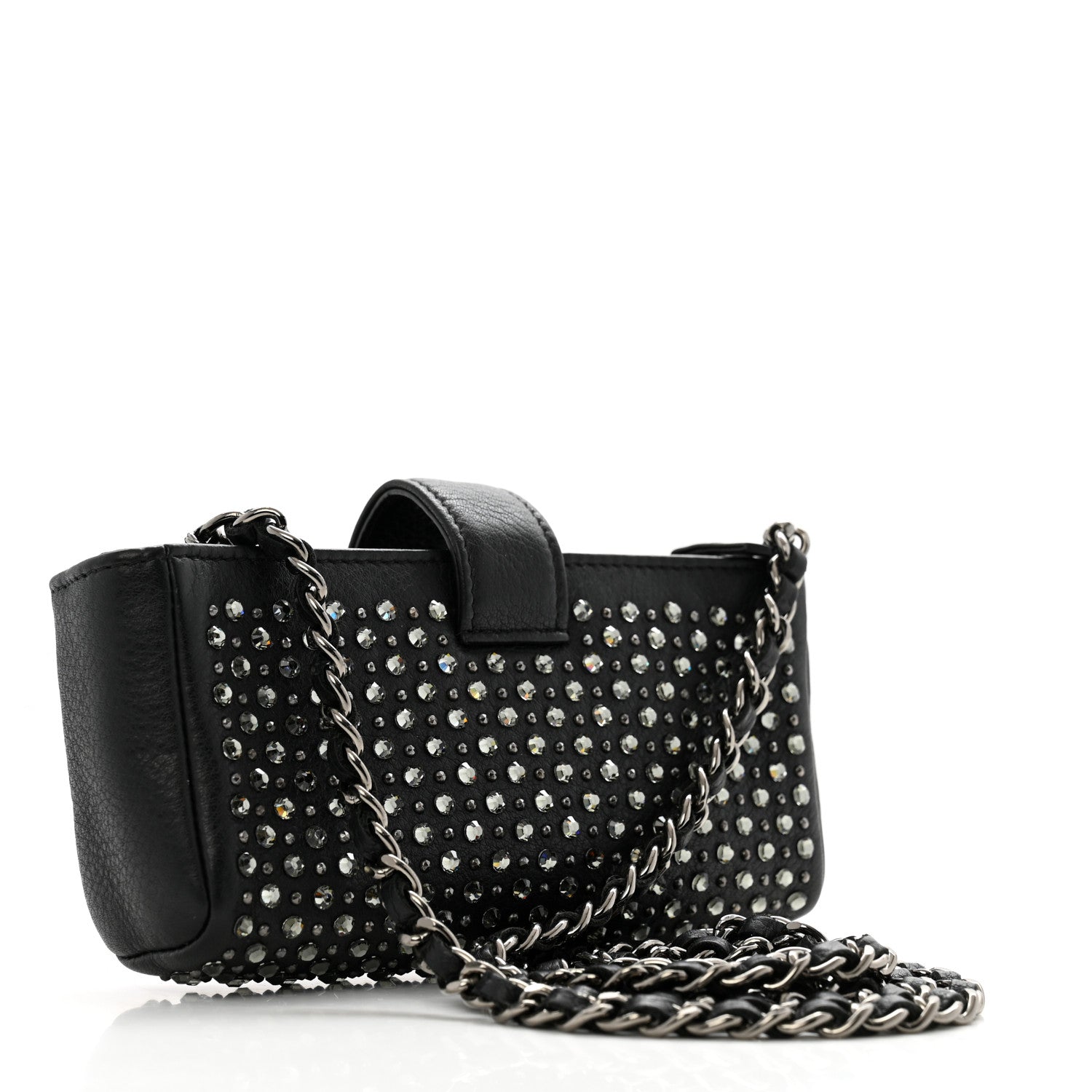 Chanel Calfskin Strass Studded Mini Phone Holder Clutch Black 3 of 13