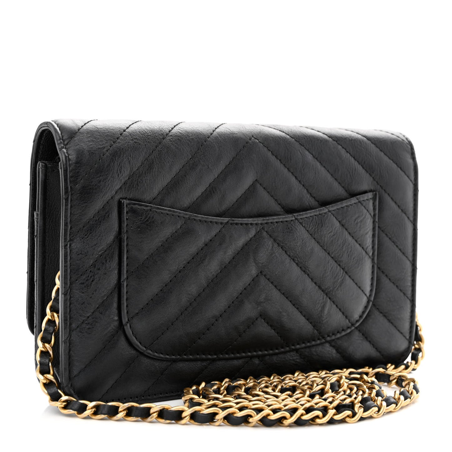 Crumpled Calfskin Chevron Quilted Wallet On Chain WOC Black