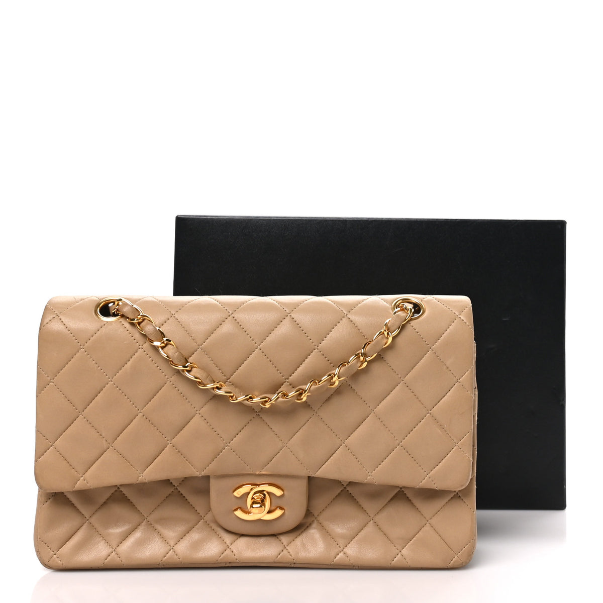 Lambskin Quilted Medium Double Flap Beige