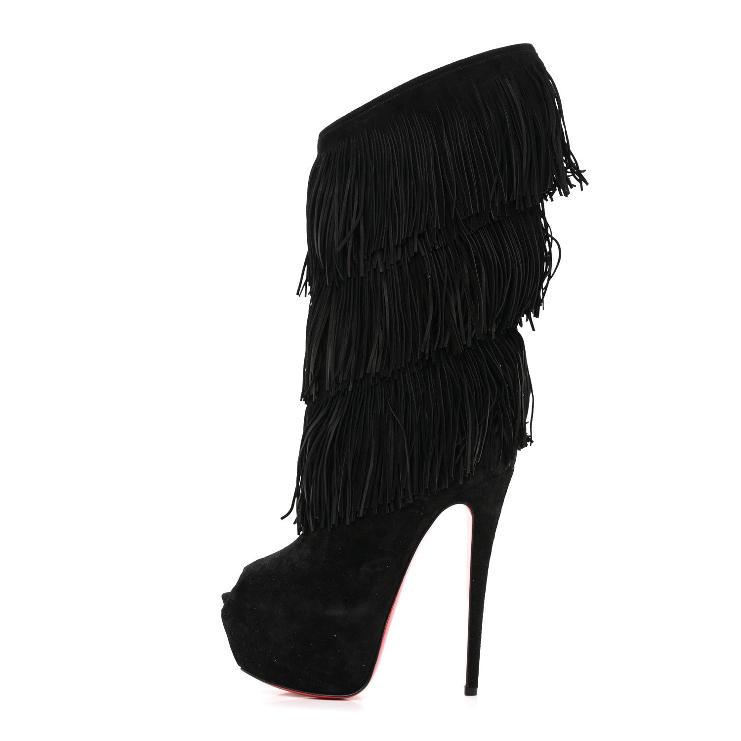 Christian Louboutin Suede Highness Tina Fringe Platform Peep Toe Boots 37.5 Black 1 of 8