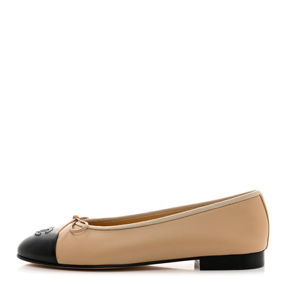 Chanel Lambskin Cap Toe Ballerina Flats 39.5 Beige Black 1 of 9