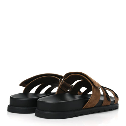Hermes Suede Goatskin Tufted Leopard Womens Chypre Sandals 38.5 Brun Fume Black 4 of 9
