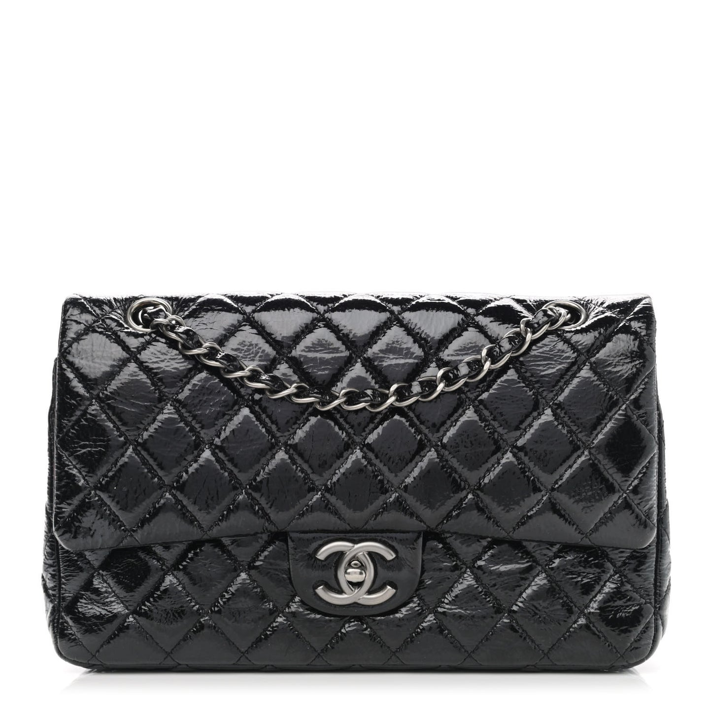 Distressed Patent Quilted Medium Double Flap Black