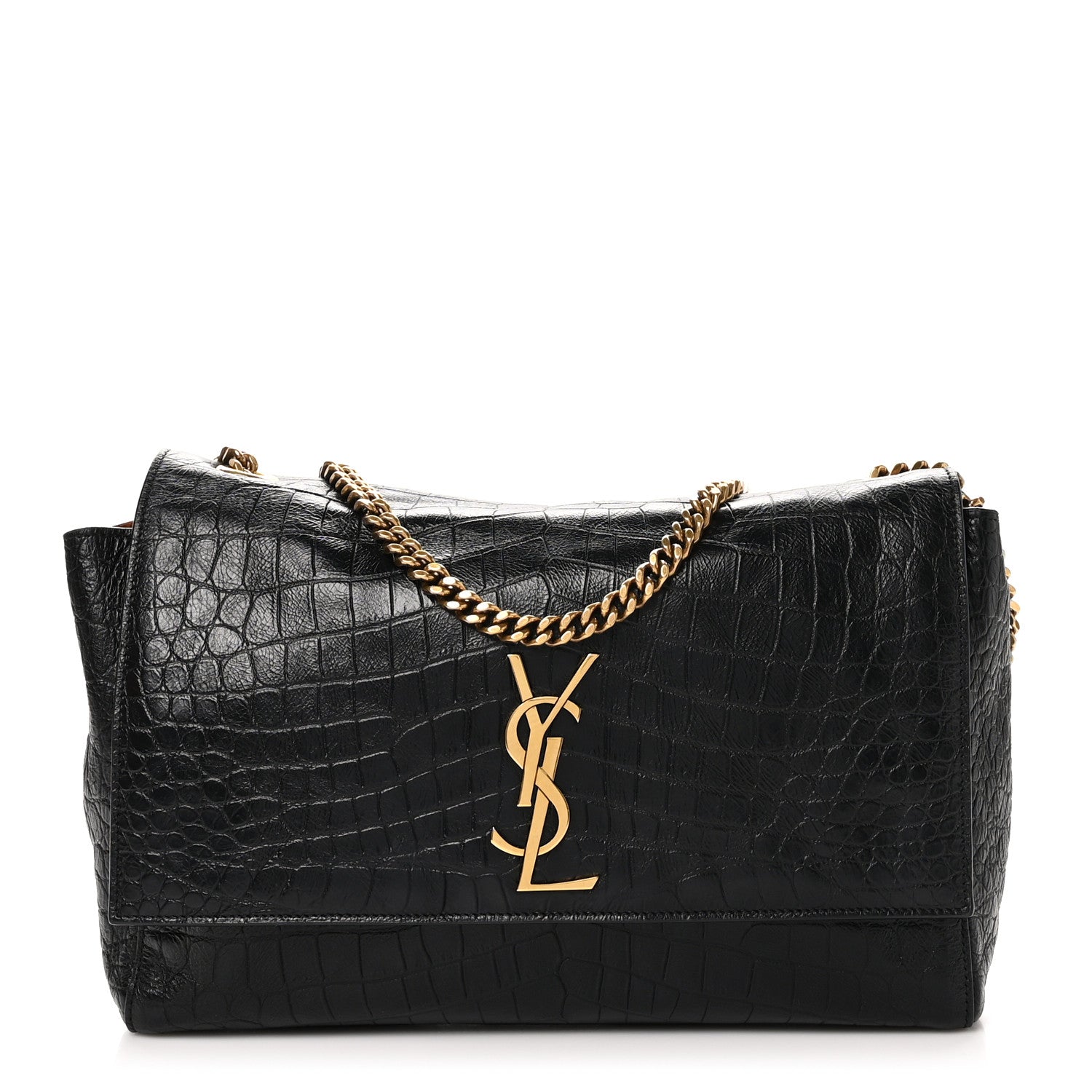 Saint Laurent Calfskin Crocodile Embossed Suede Medium Reversible Monogram Kate Satchel Military Taupe 1 of 11