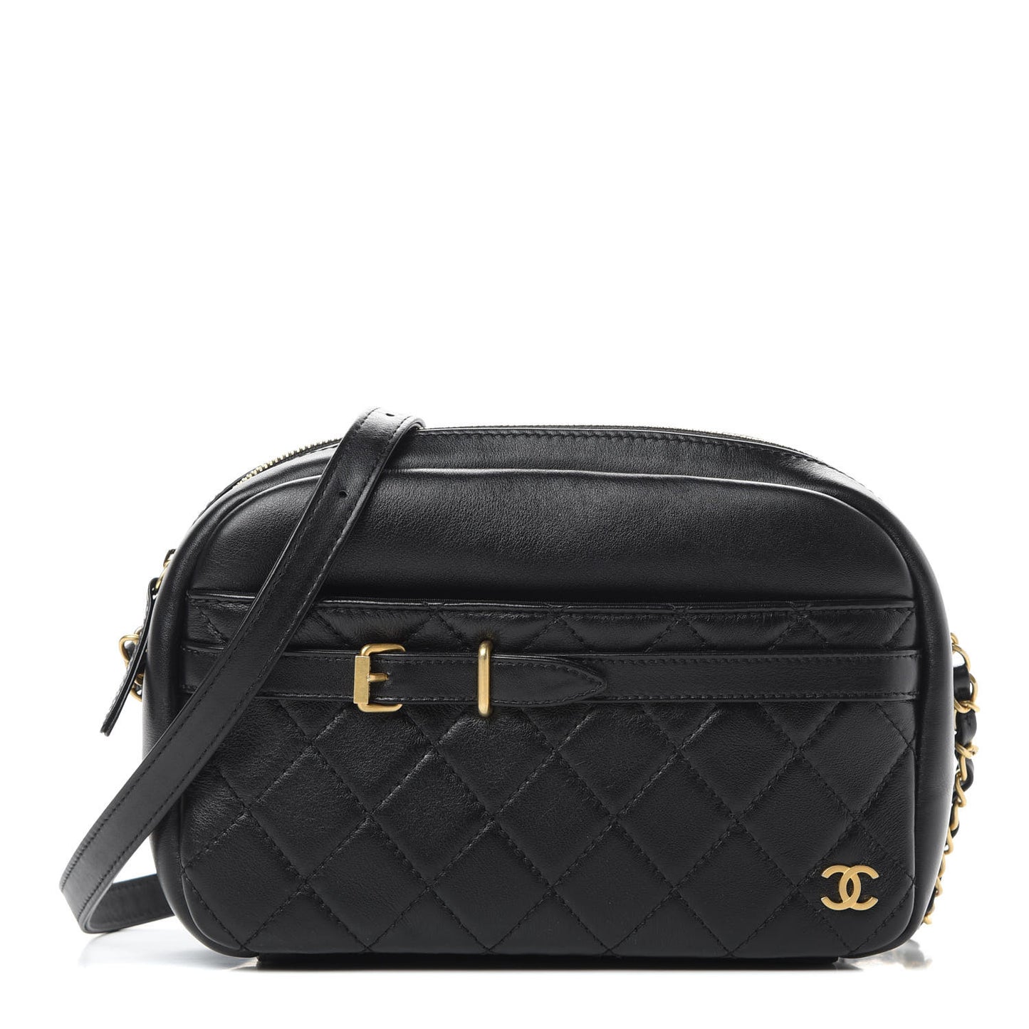 Lambskin Quilted Large Buckle Camera Case Bag Black
