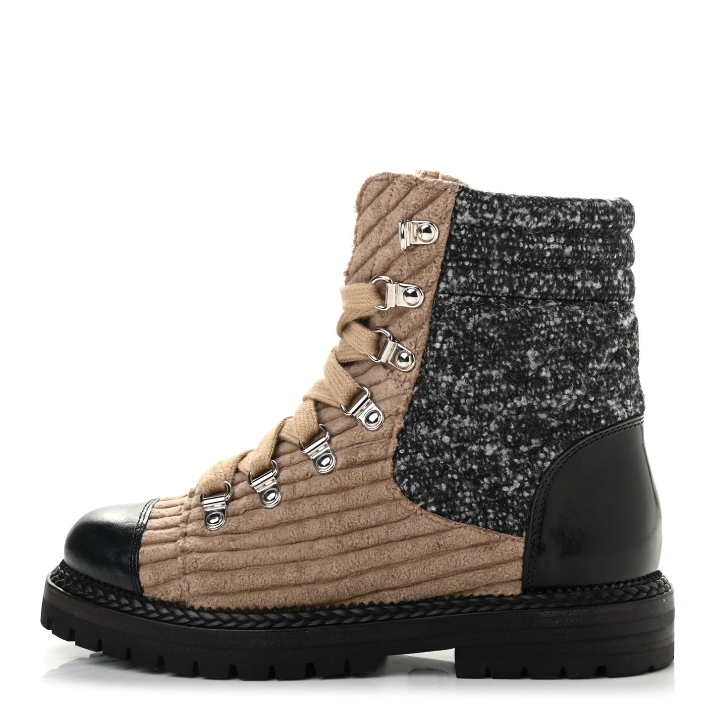 Tweed Corduroy Calfskin Quilted Lace Up Boots 35 Beige Black