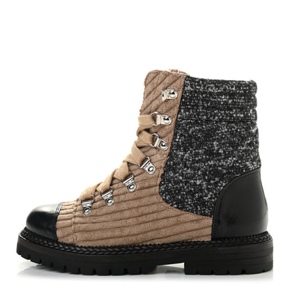 Chanel Tweed Corduroy Calfskin Quilted Lace Up Boots 35 Beige Black 1 of 9