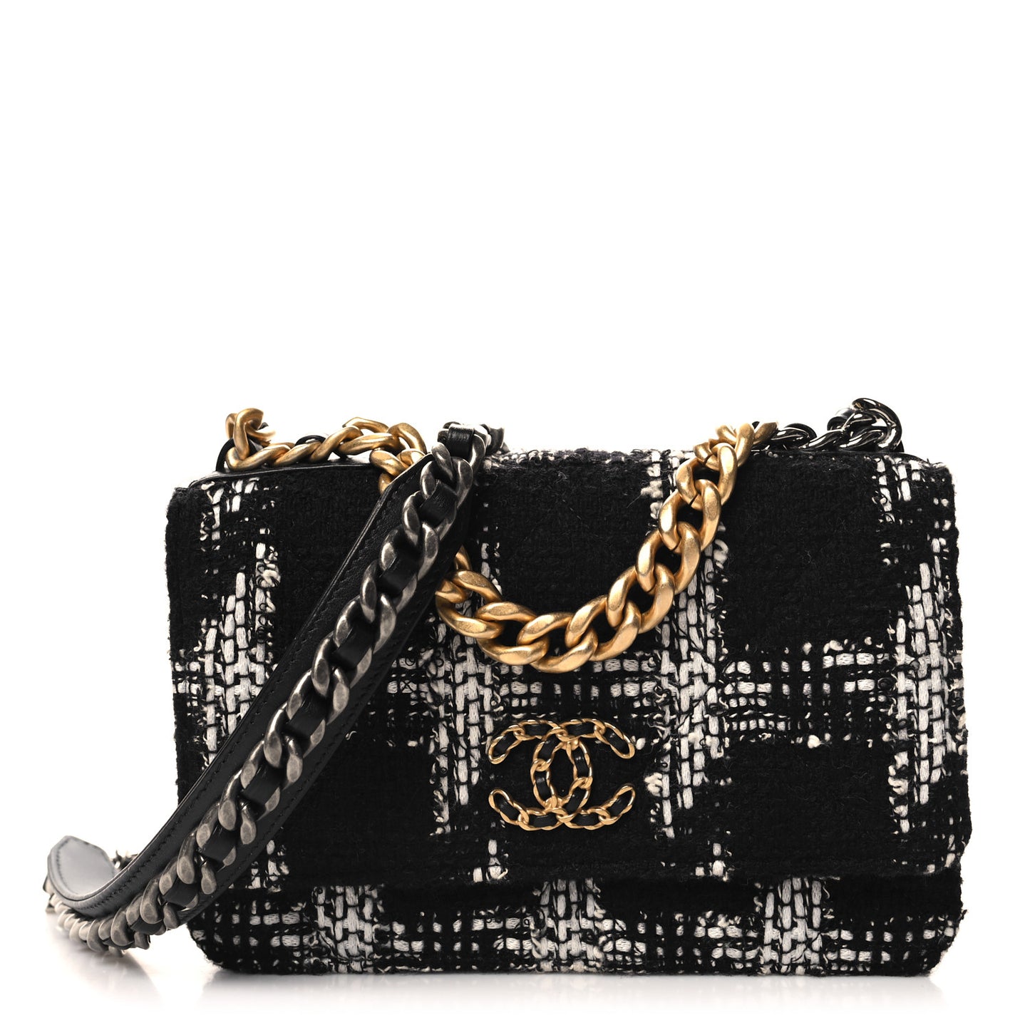 Tweed Quilted Chanel 19 Wallet On Chain WOC Black White