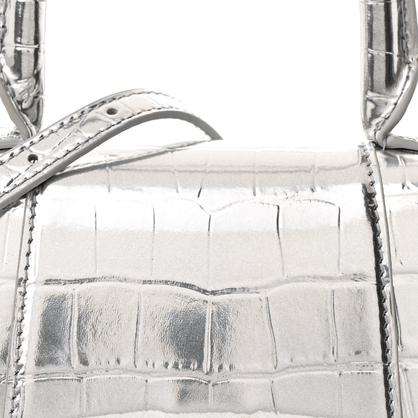 Metallic Calfskin Crocodile Embossed Crystal Hourglass Top Handle Bag XS Silver