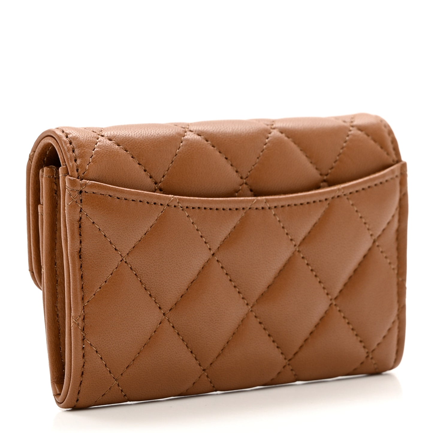 Lambskin Quilted Flap Card Holder Wallet Brown