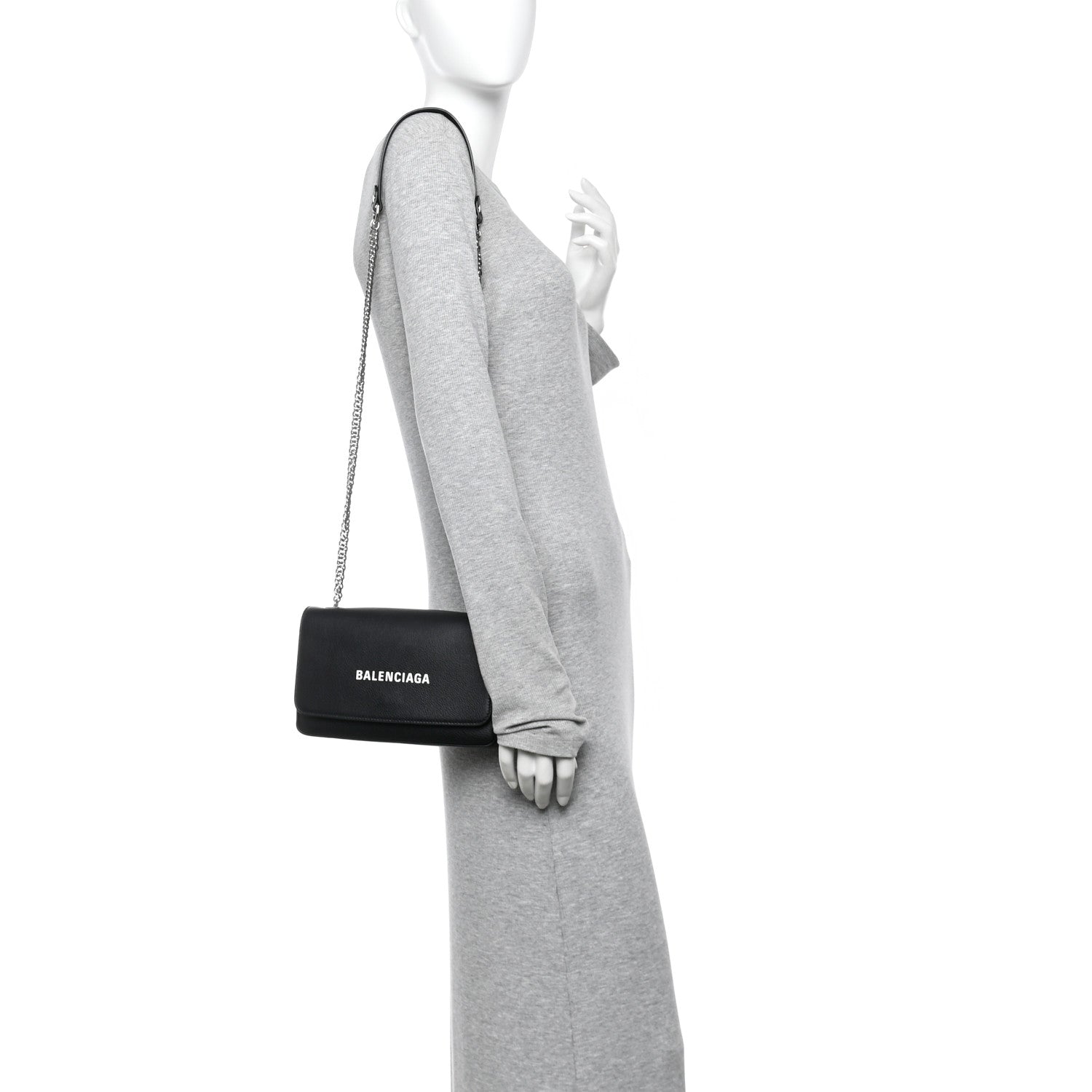 Balenciaga Pebbled Calfskin Logo Everyday Flap Chain Wallet Black 2 of 14