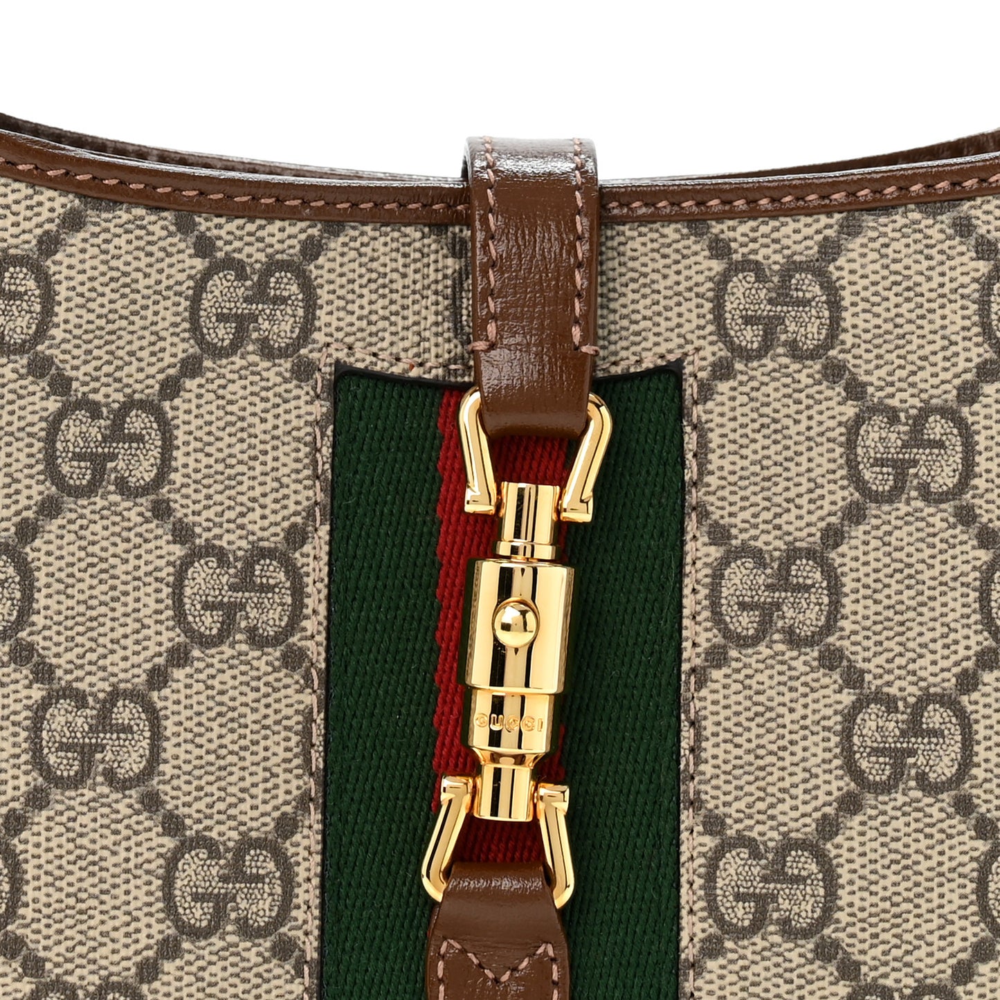 GG Supreme Monogram Azalea Calfskin Web Mini Jackie 1961 Hobo Beige Ebony Brown Sugar