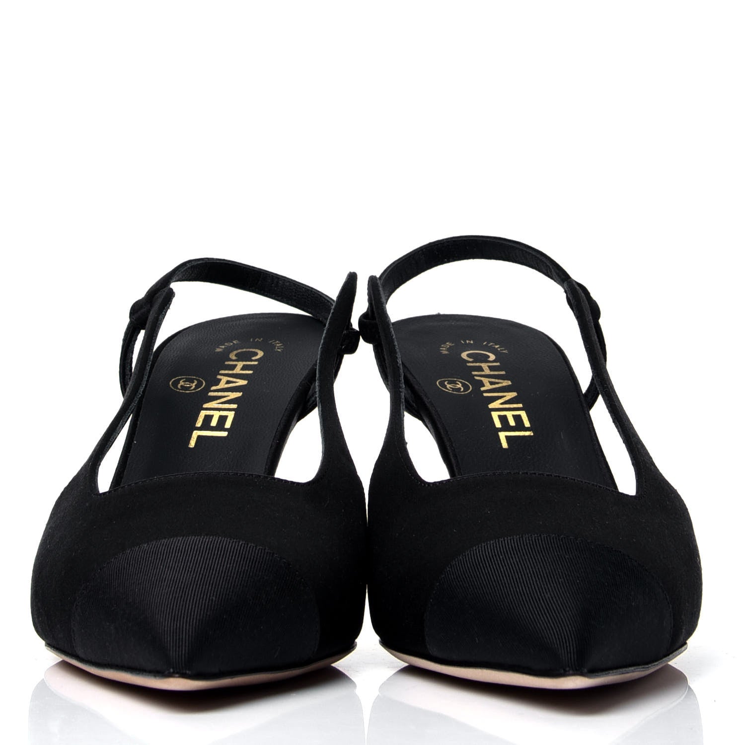 Chanel Satin Grosgrain Cap Toe CC Pointed Toe Slingback Pumps 37 Black 2 of 6