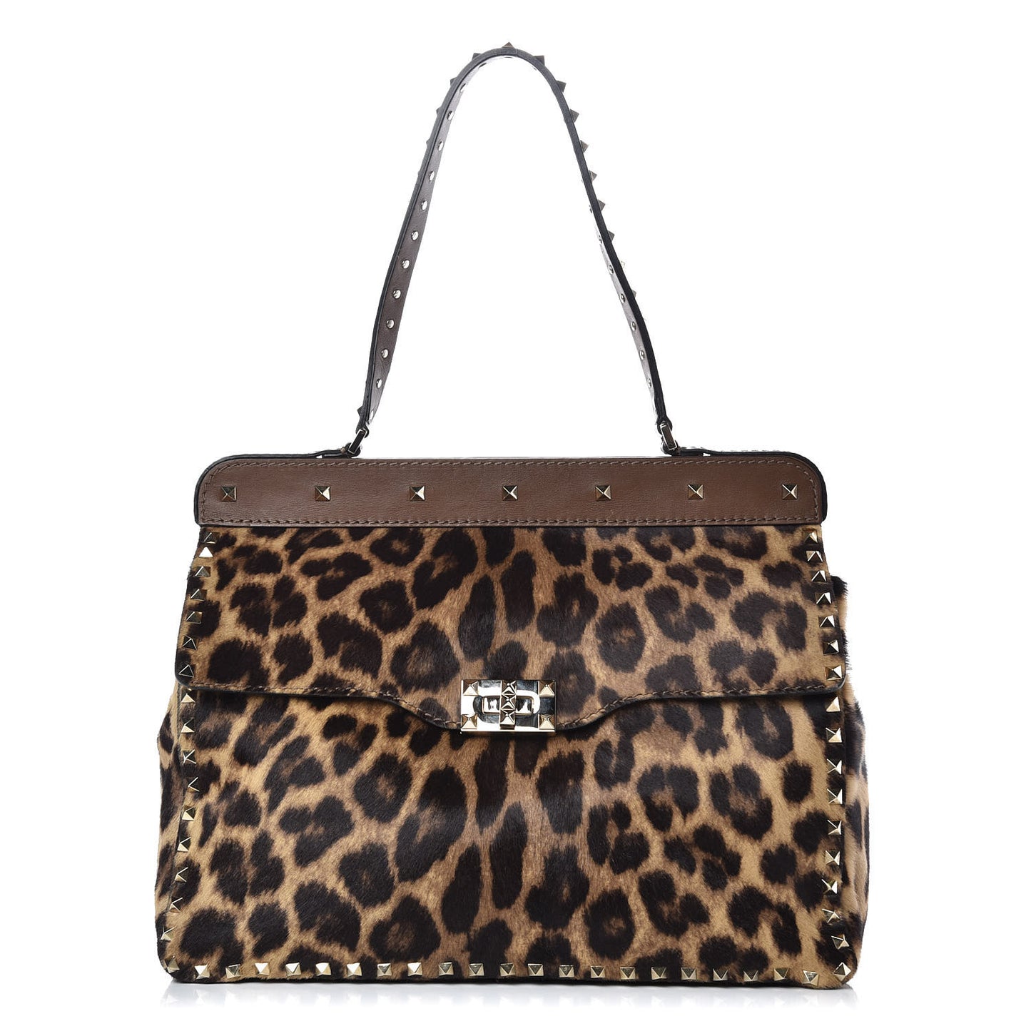 Calf Hair Leopard Print Large Rockstud Frame Handle Bag