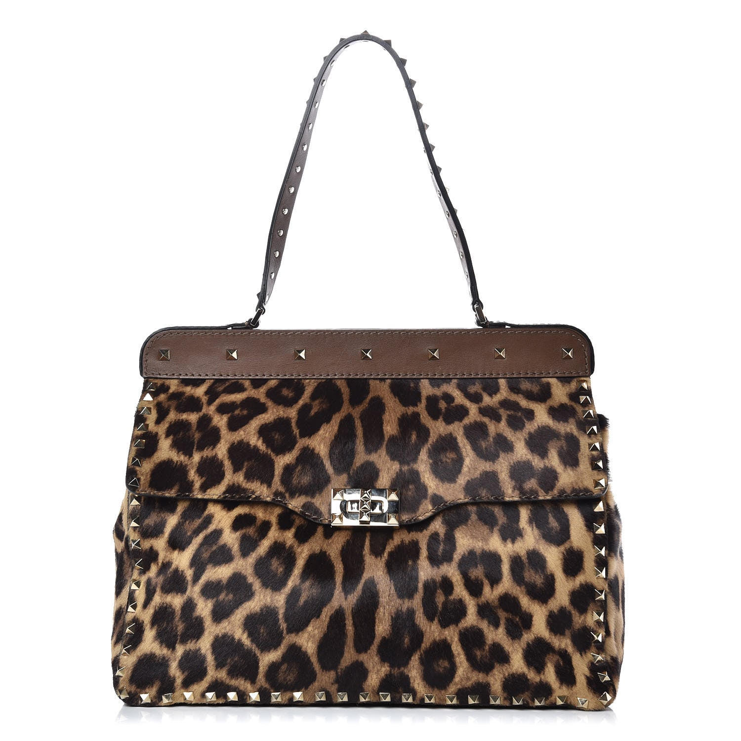 Valentino Garavani Calf Hair Leopard Print Large Rockstud Frame Handle Bag 1 of 13
