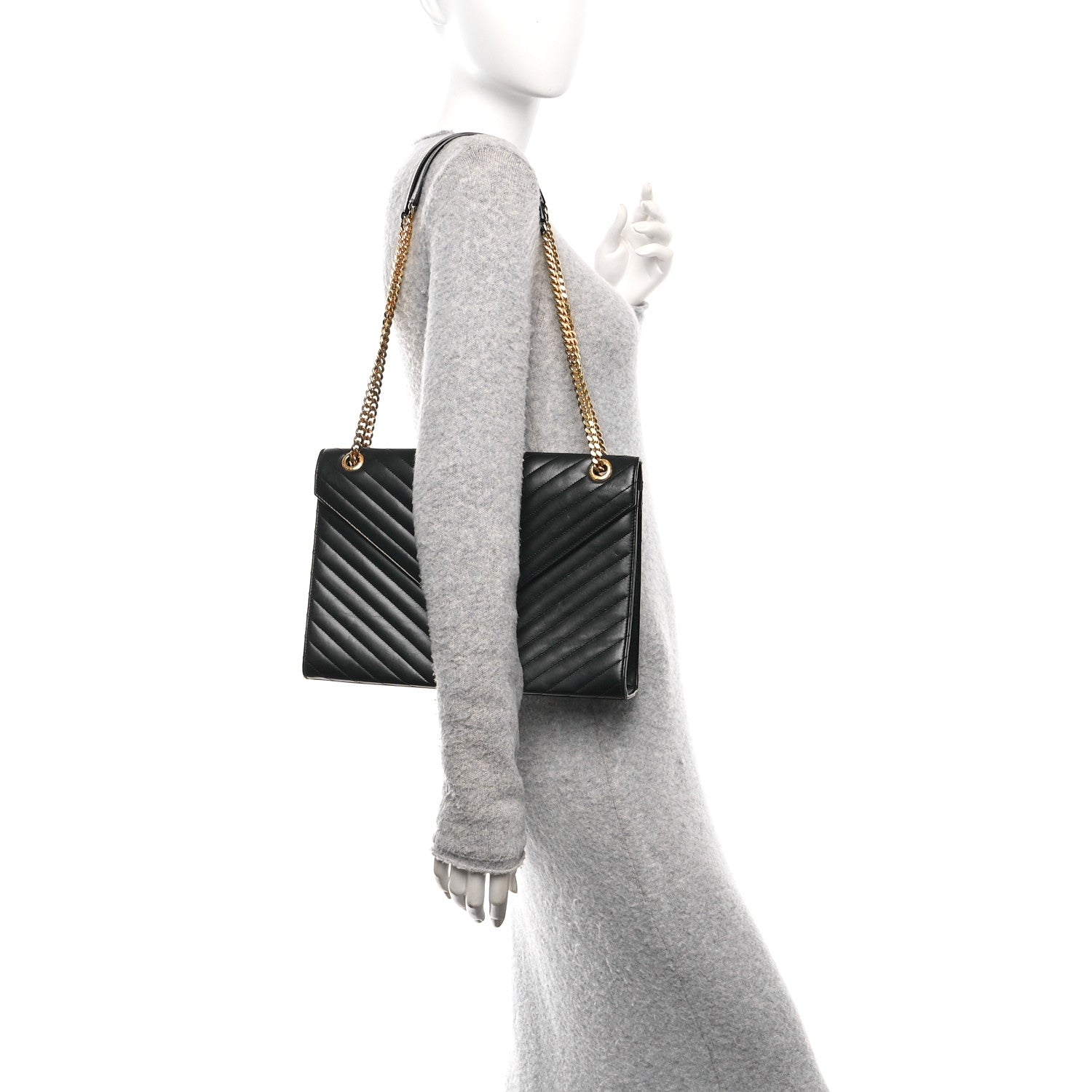 Saint Laurent Smooth Calfskin Matelasse Chevron Large Monogram Satchel Black 3 of 23