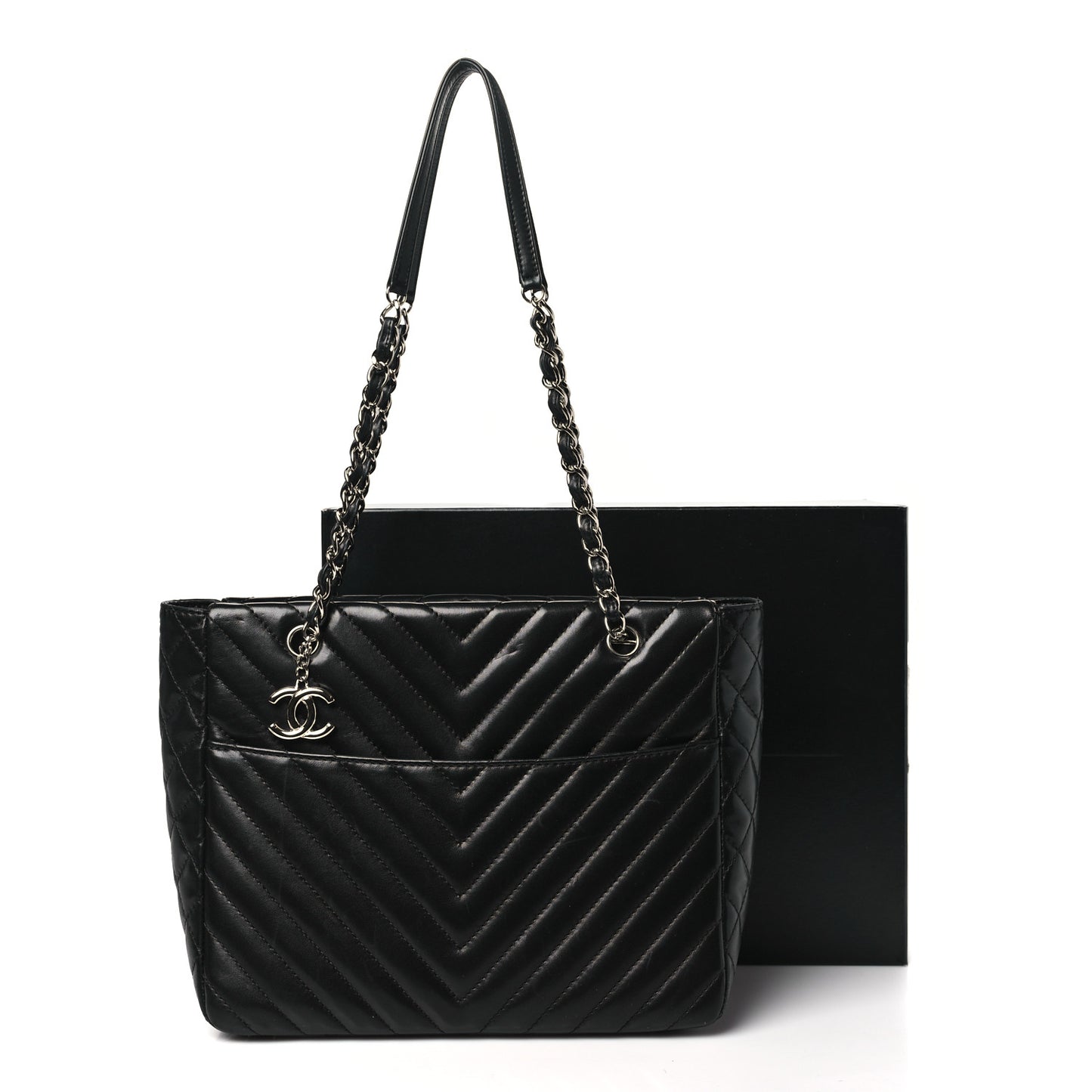 Lambskin Surpique Chevron Quilted Tote Black