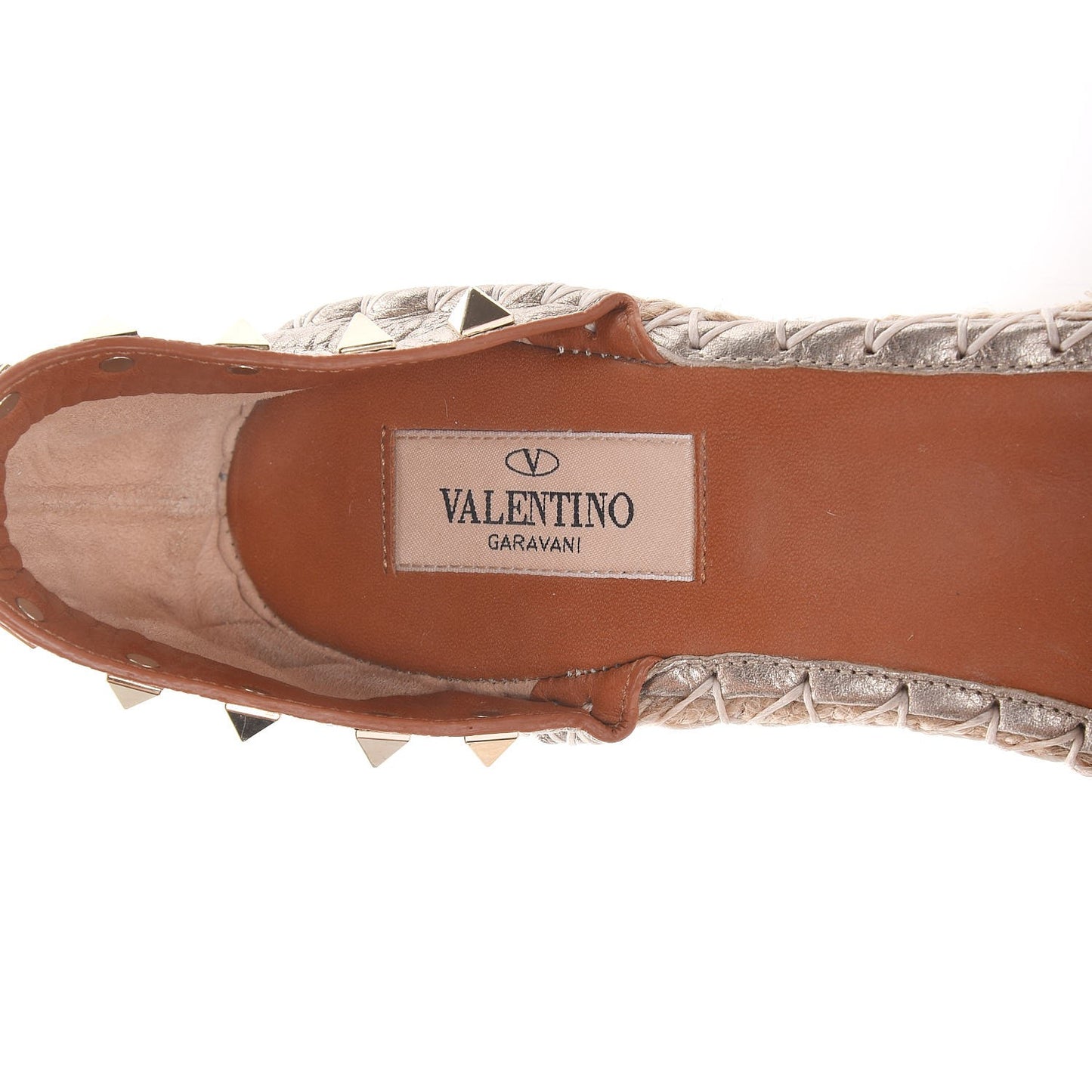 Metallic Grained Calfskin Rockstud Ankle Wrap Espadrille 15/85mm Wedges 40 Skin