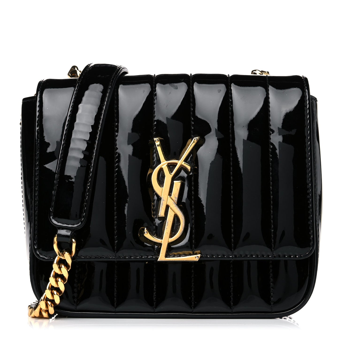 Patent Calfskin Matelasse Monogram Small Vicky Chain Bag Black