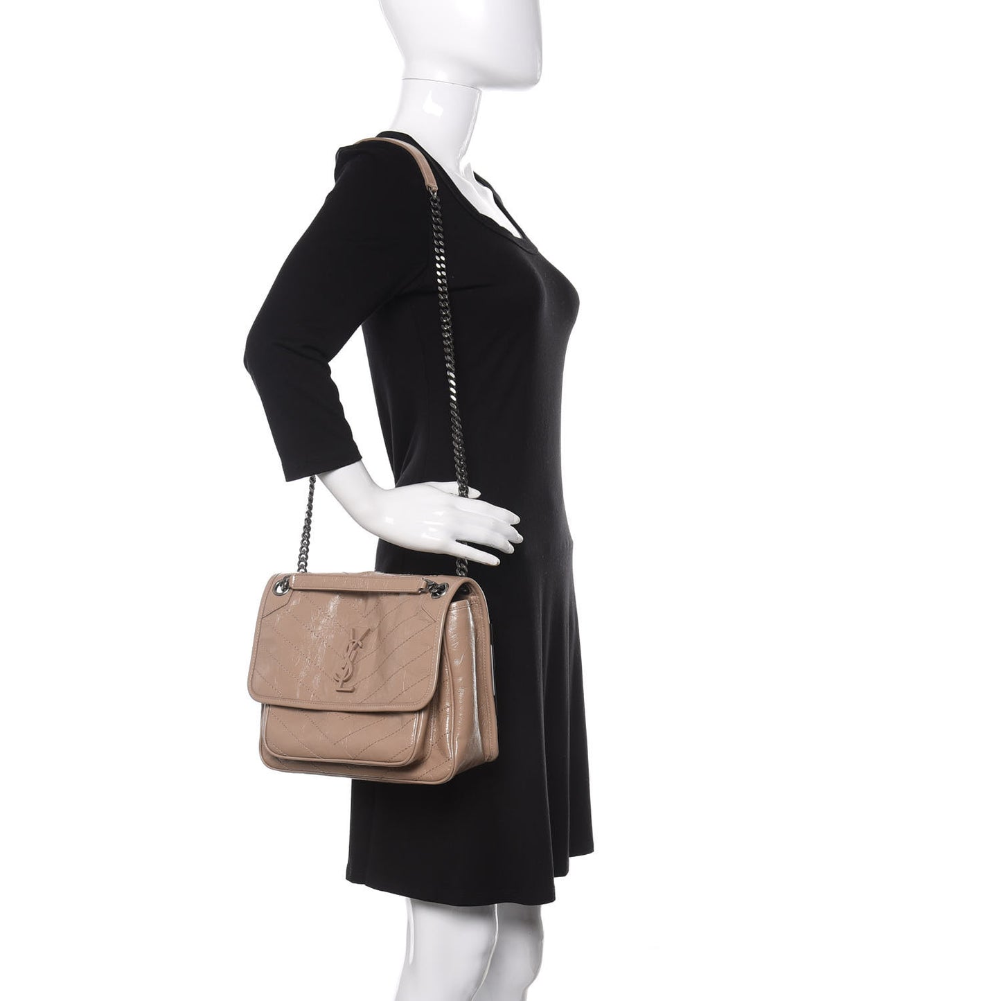Crinkled Calfskin Matelasse Monogram Medium Niki Chain Satchel Light Taupe