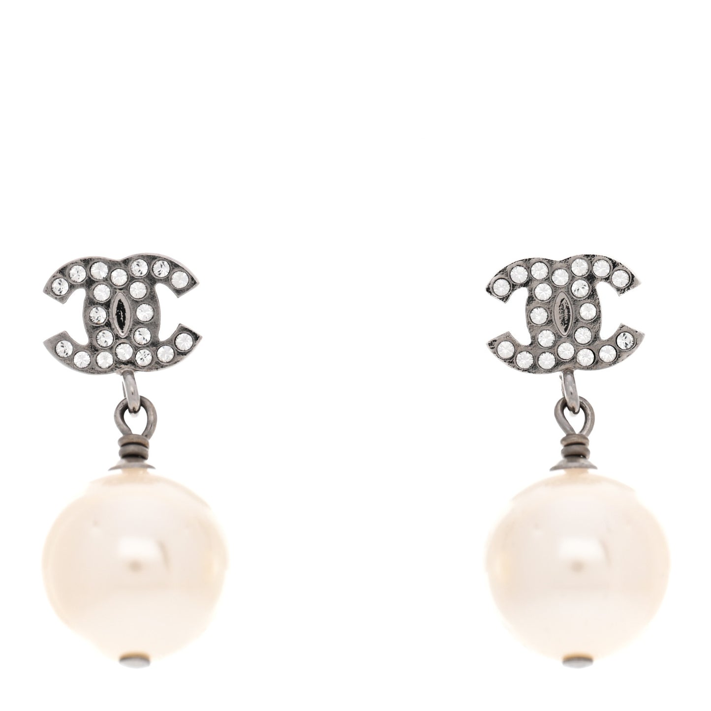 Crystal Pearl CC Drop Earrings Silver Pearly White