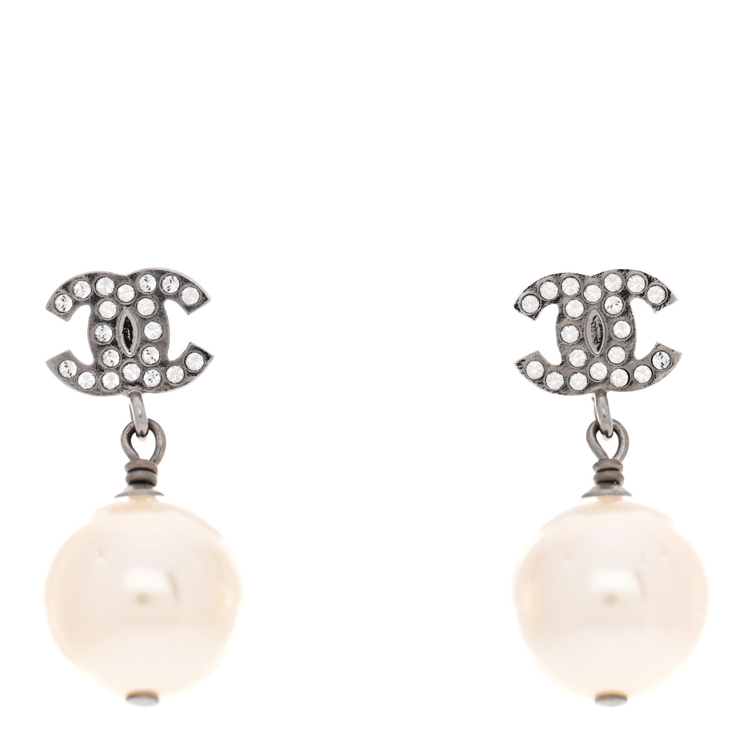 Chanel Crystal Pearl CC Drop Earrings Silver Pearly White 1 of 5