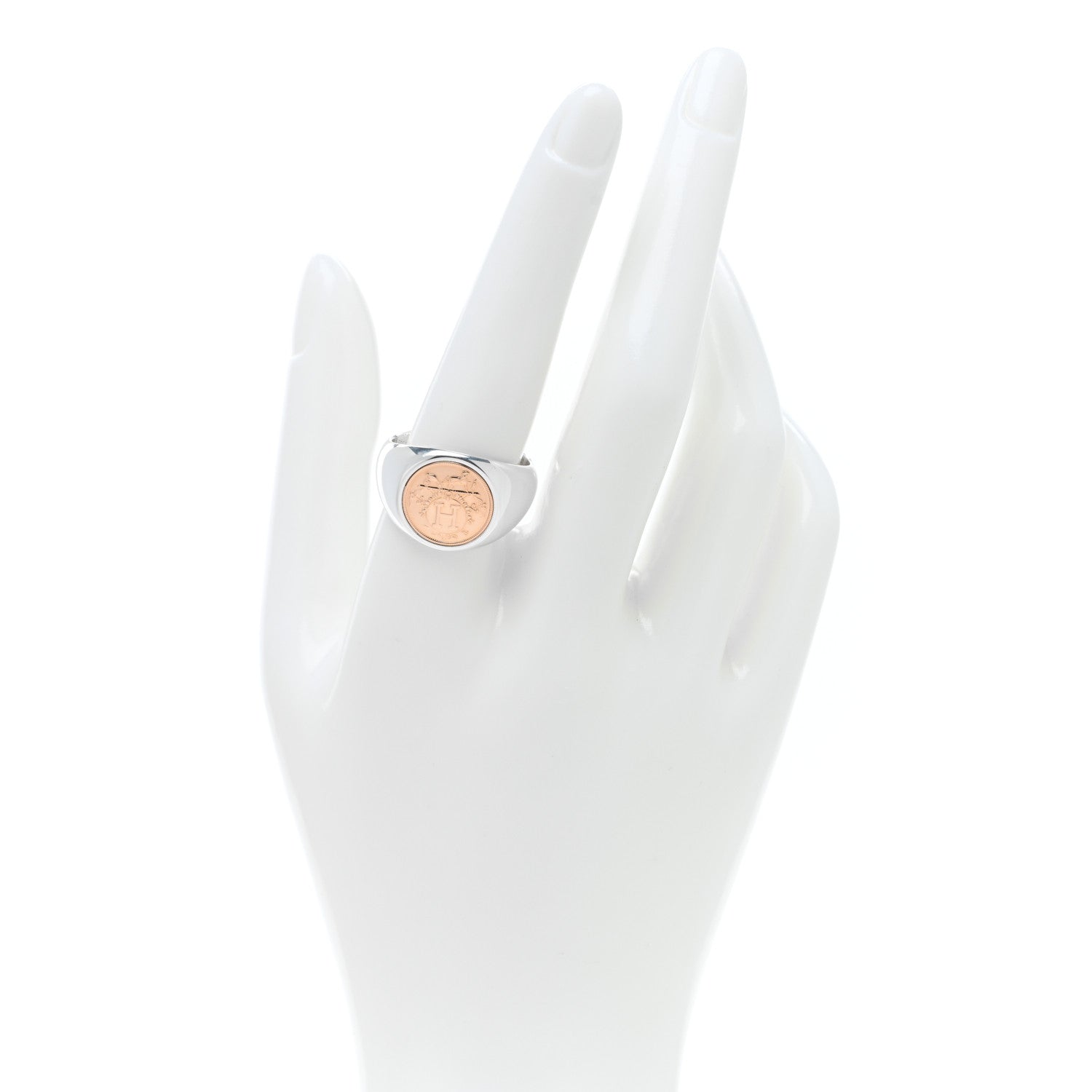 Hermes Sterling Silver 18K Rose Gold PM Ex-Libris Signet Ring 60 9 2 of 5