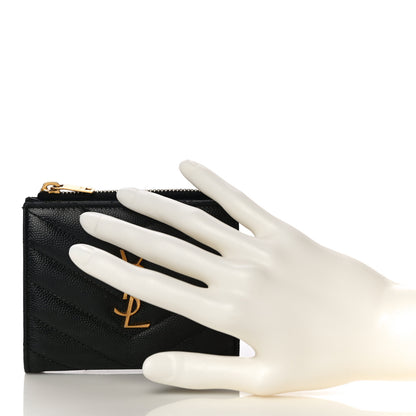 Saint Laurent Grain De Poudre Matelasse Chevron Monogram Zipped Card Case Black 2 of 22