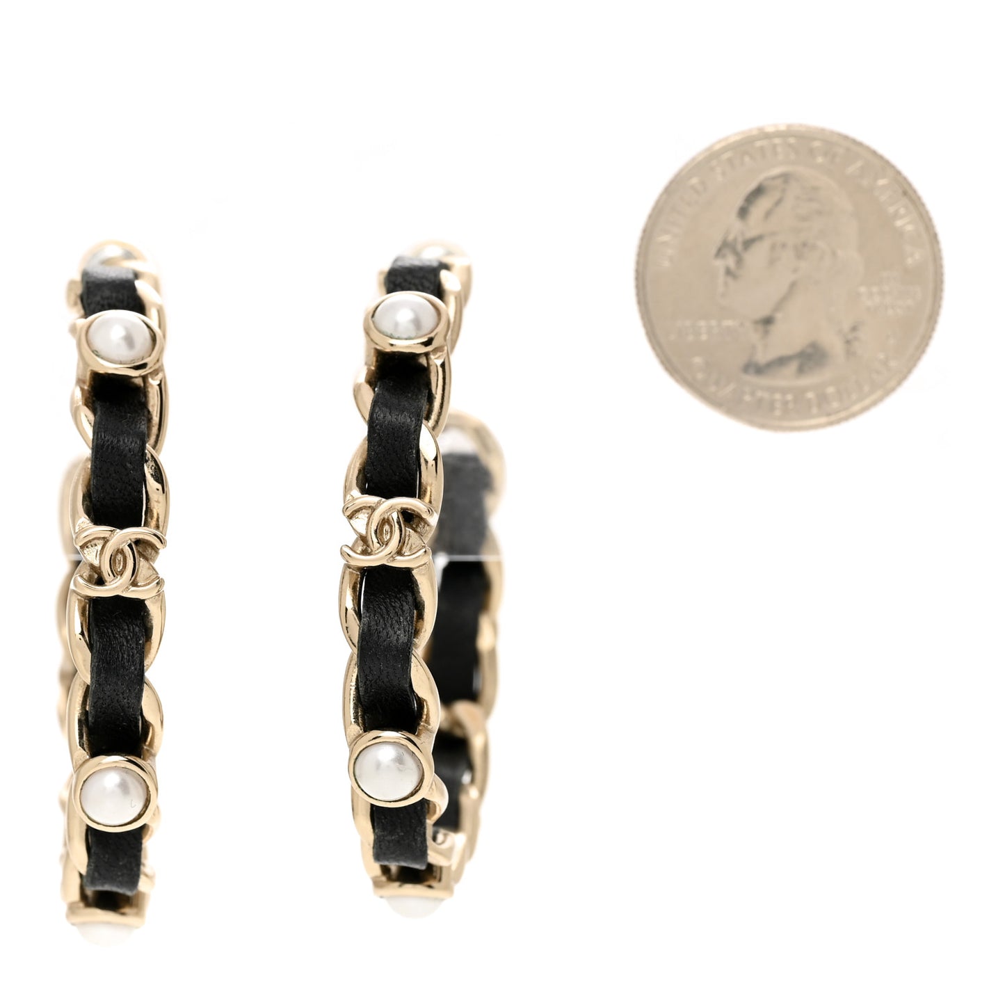 Lambskin Pearl More Is More CC Chain Hoop Earrings Gold Black