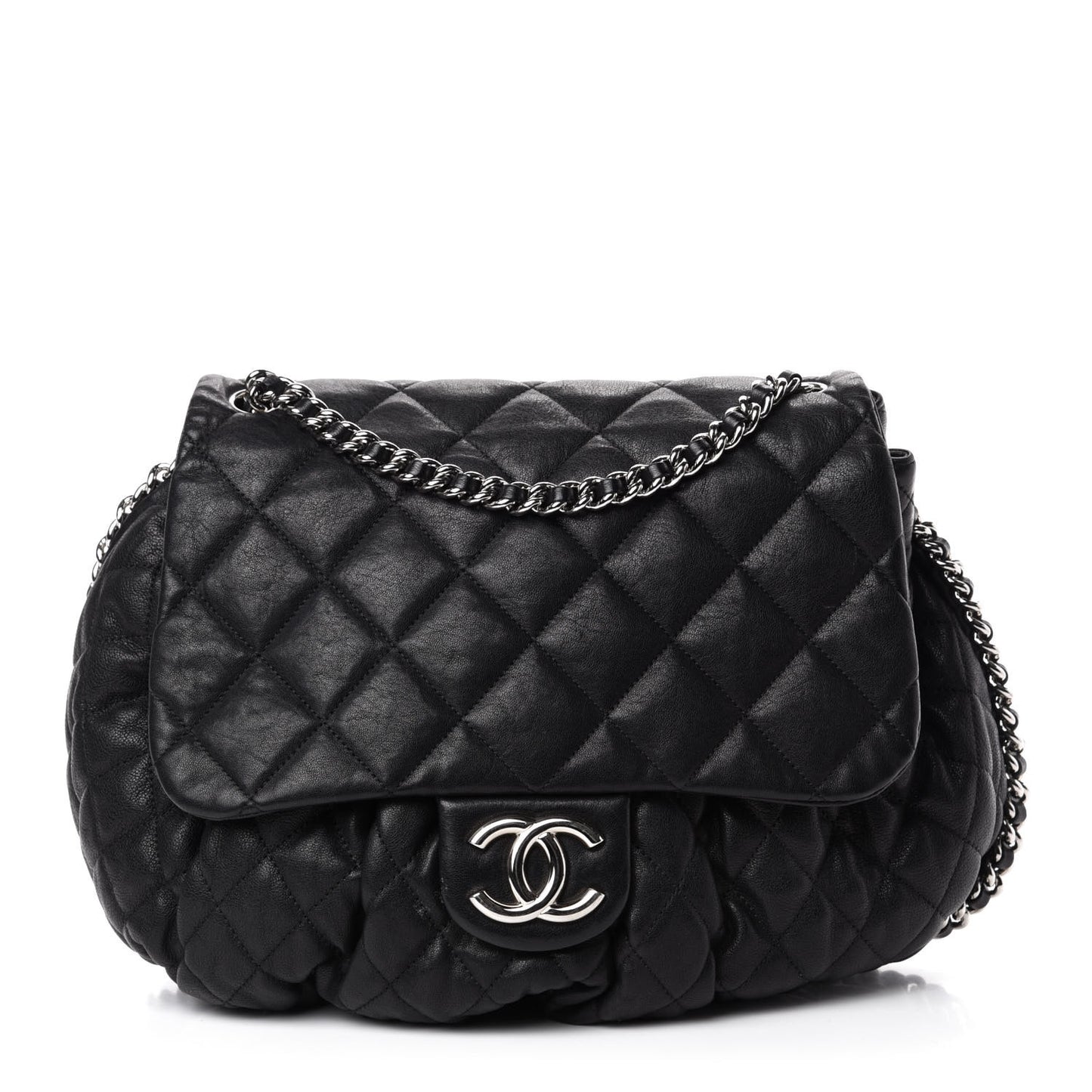 Washed Lambskin Quilted Large Chain Around Messenger Black