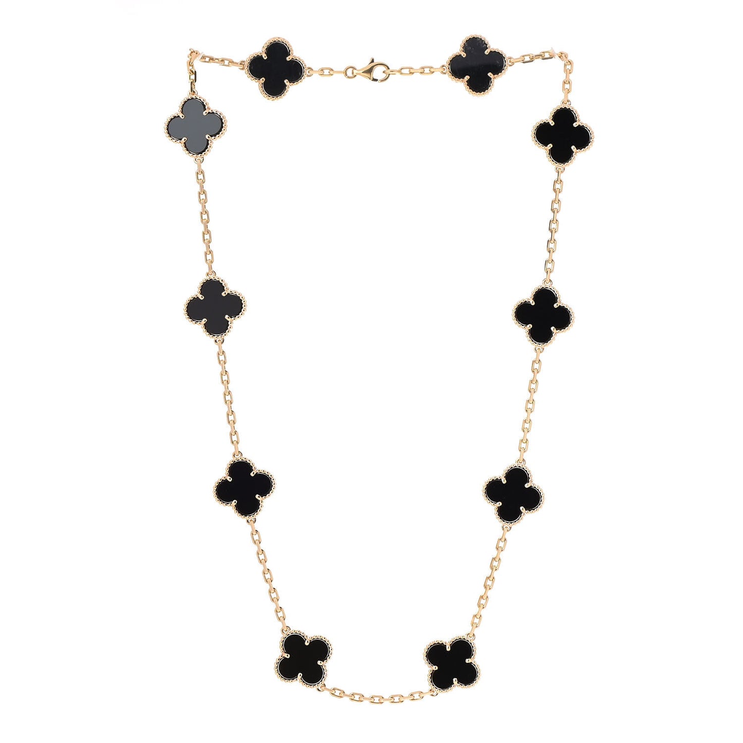 18K Yellow Gold Black Onyx 10 Motifs Vintage Alhambra Necklace