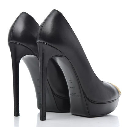 Saint Laurent Calfskin Studded Cap Toe Janis 105 Platform Pumps 38 Black 4 of 25