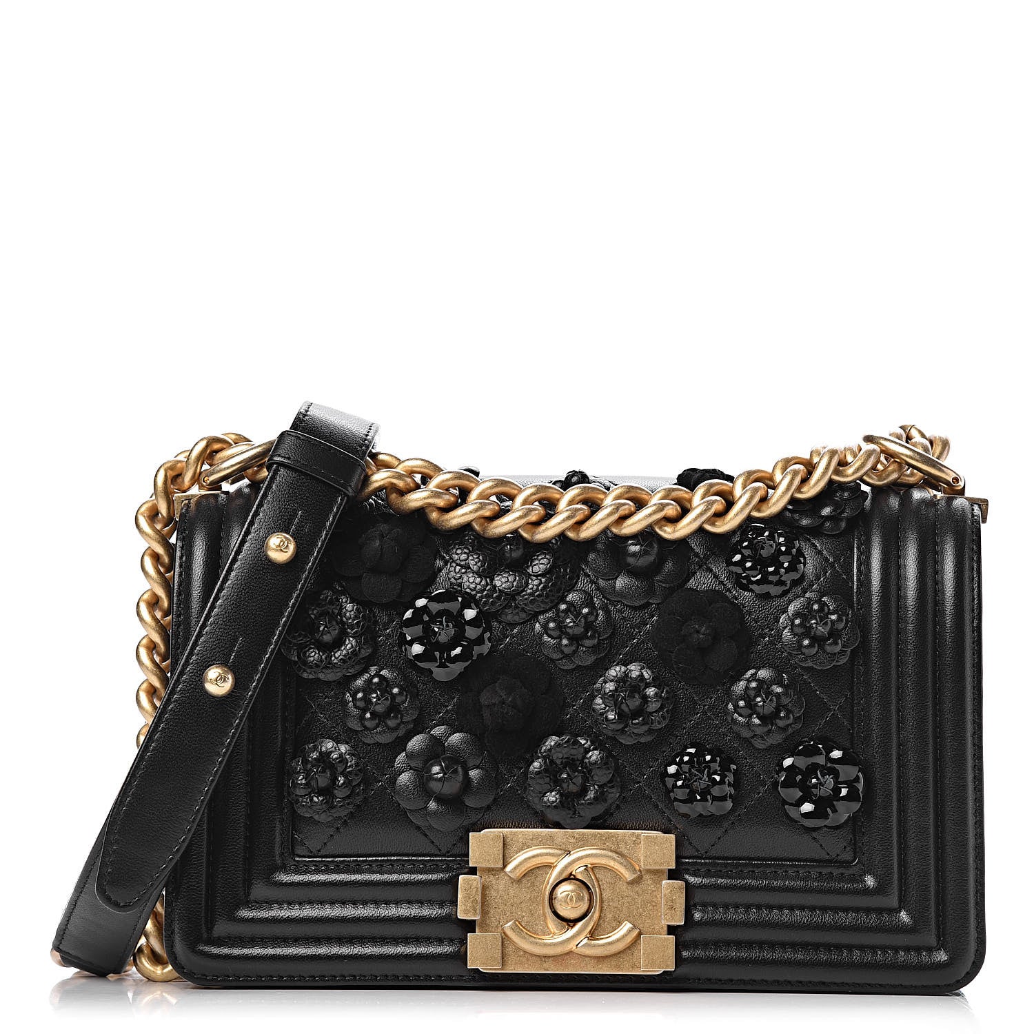 Chanel Lambskin Embroidered Camellia Quilted Small Boy Flap Black 1 of 11