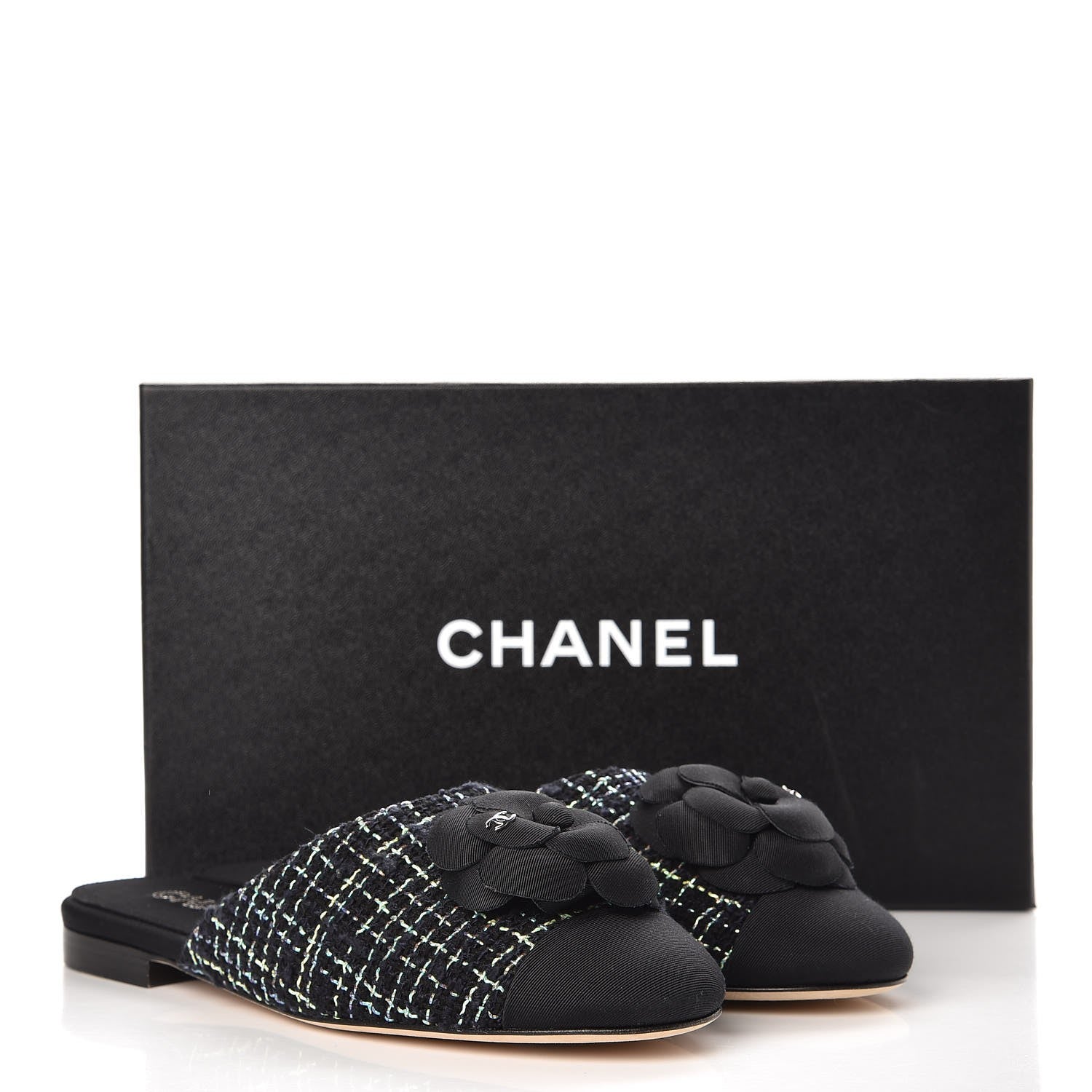 Chanel Tweed Grosgrain Camellia CC Flat Mules 40 Black Green 10 of 10