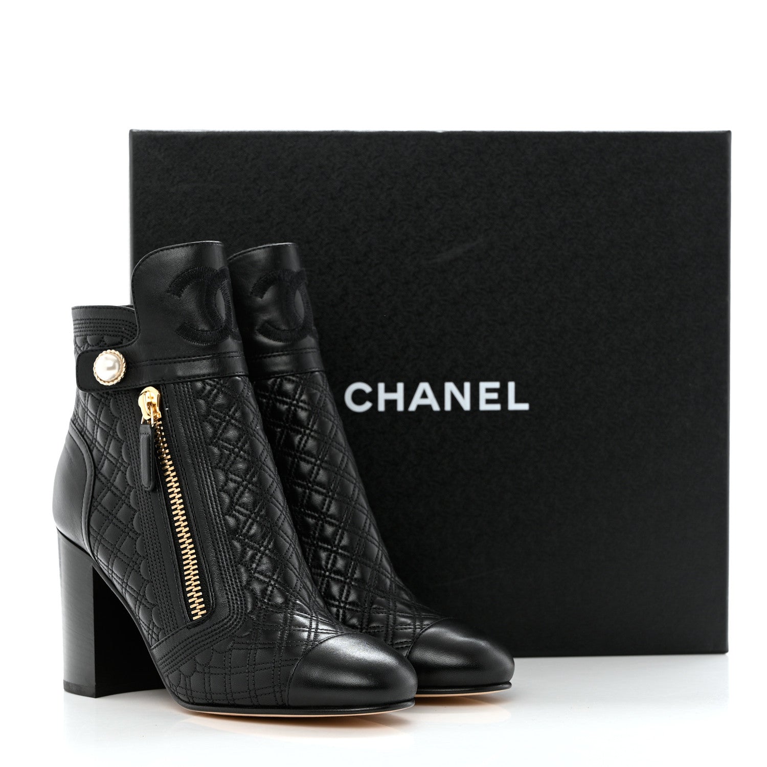 Chanel Lambskin Quilted Pearl CC Cap Toe Short Boots 37 Black 9 of 9