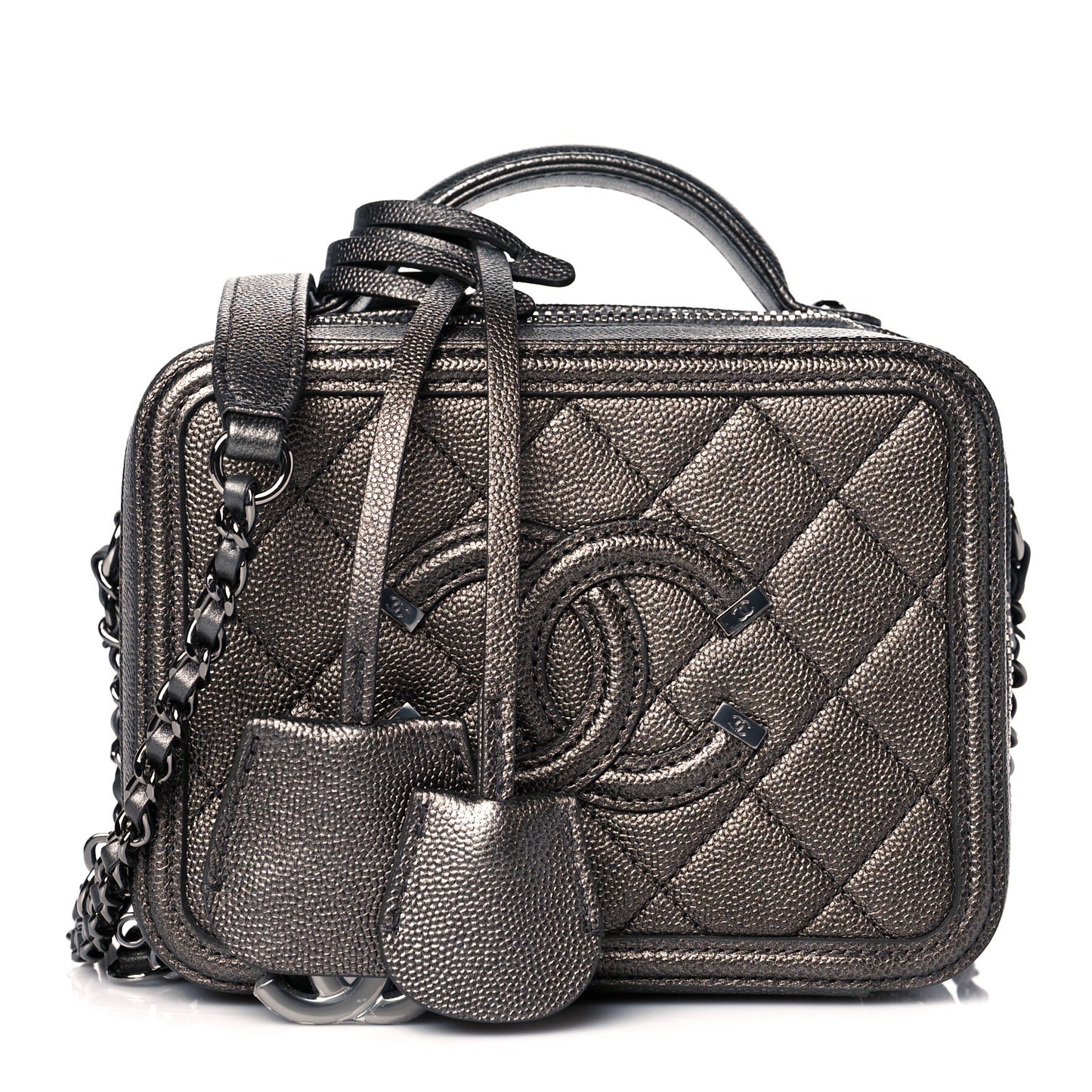 Caviar Quilted Small CC Filigree Vanity Case Dark Silver
