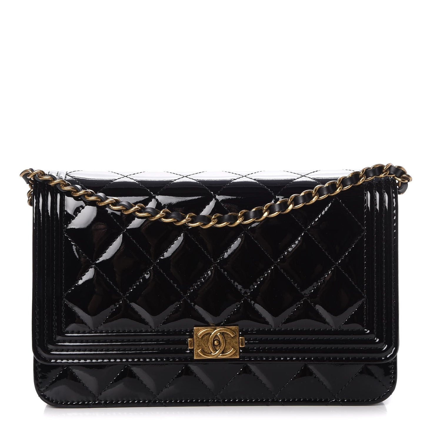 Patent Calfskin Quilted Boy Wallet On Chain WOC Black