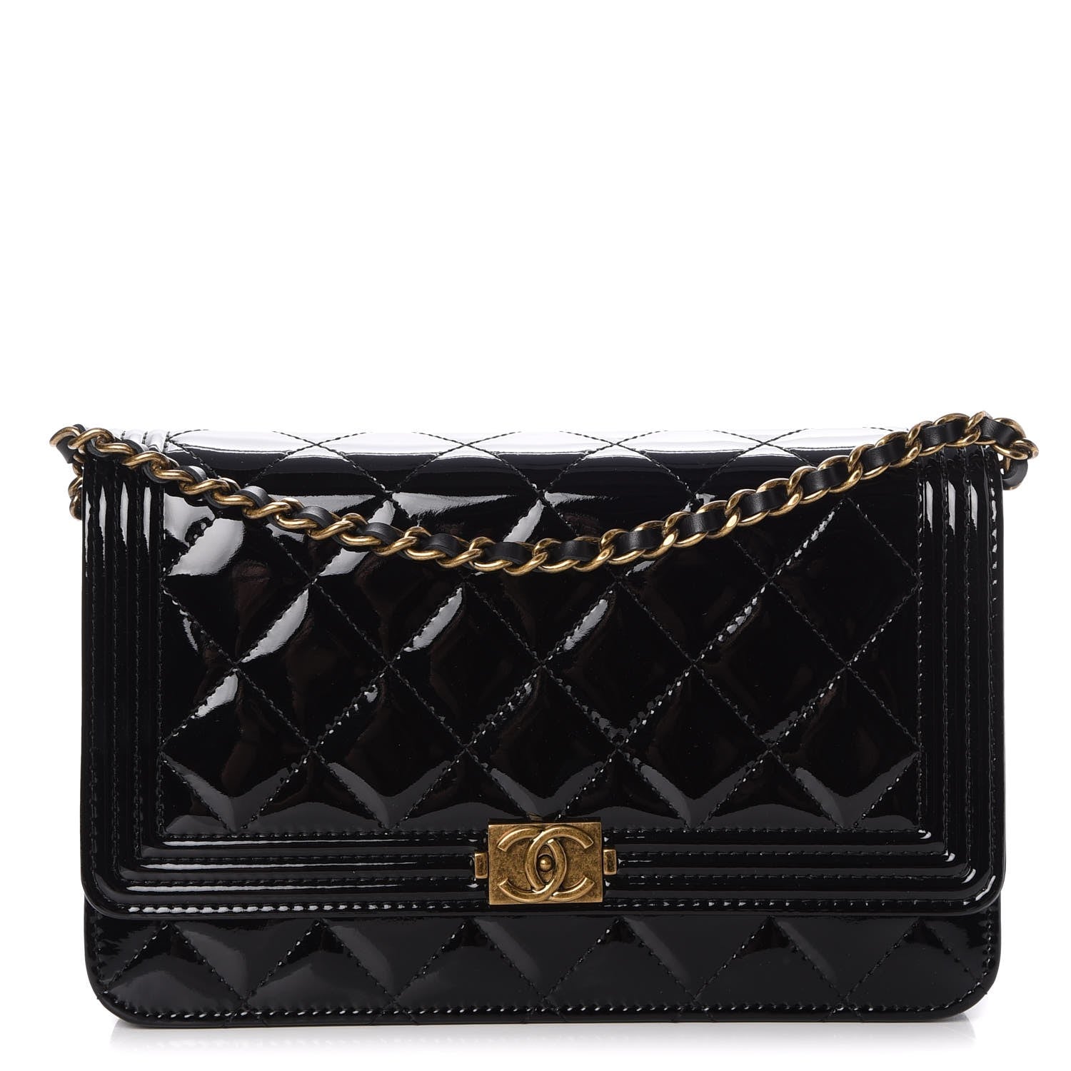 Chanel Patent Calfskin Quilted Boy Wallet On Chain WOC Black 1 of 9